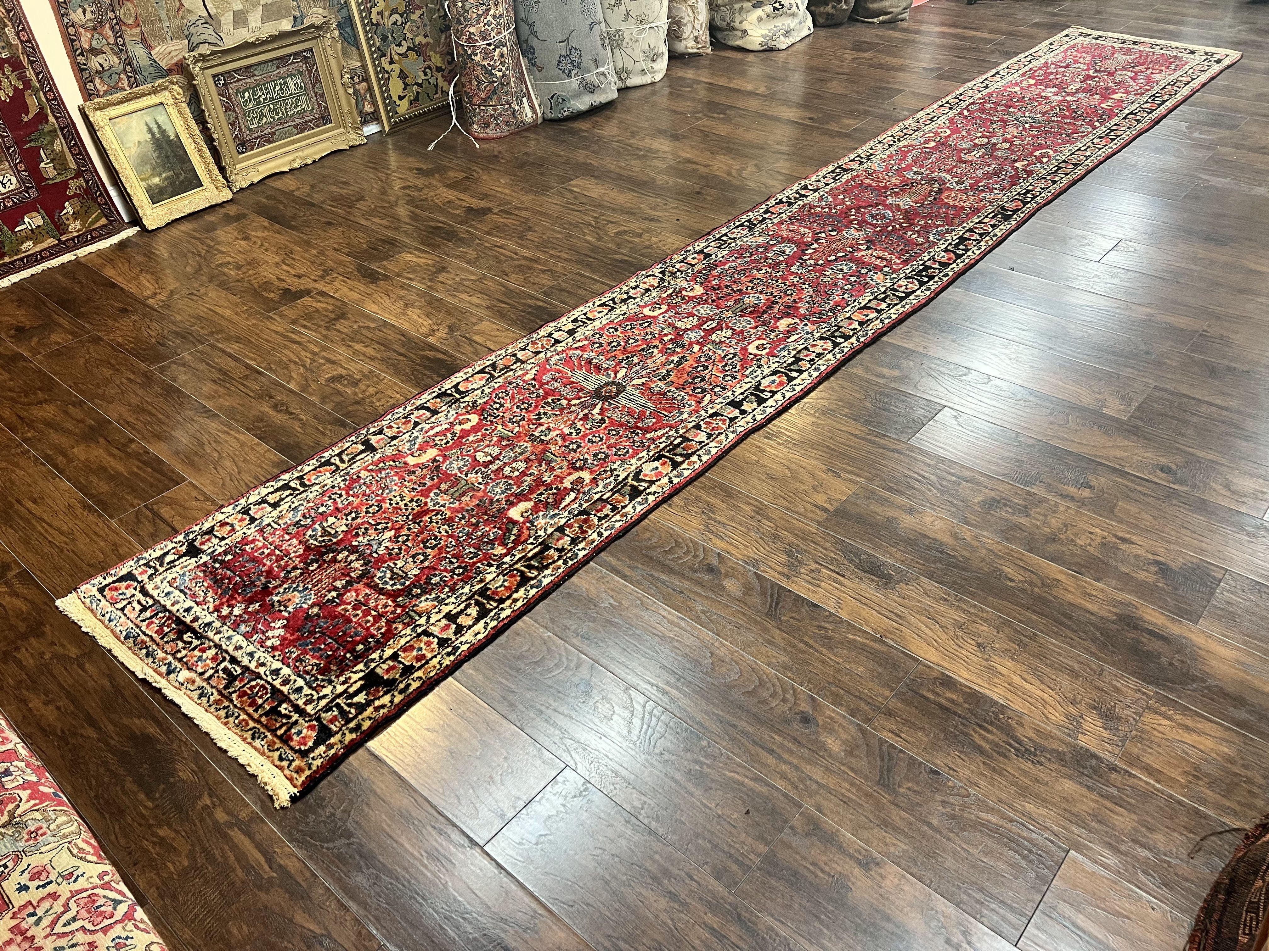 Antique Persian Runner Rug 2.9 x 17, Rare Sarouk Runner, Handmade Wool Rug for Hallway, Red, Floral - Jewel Rugs