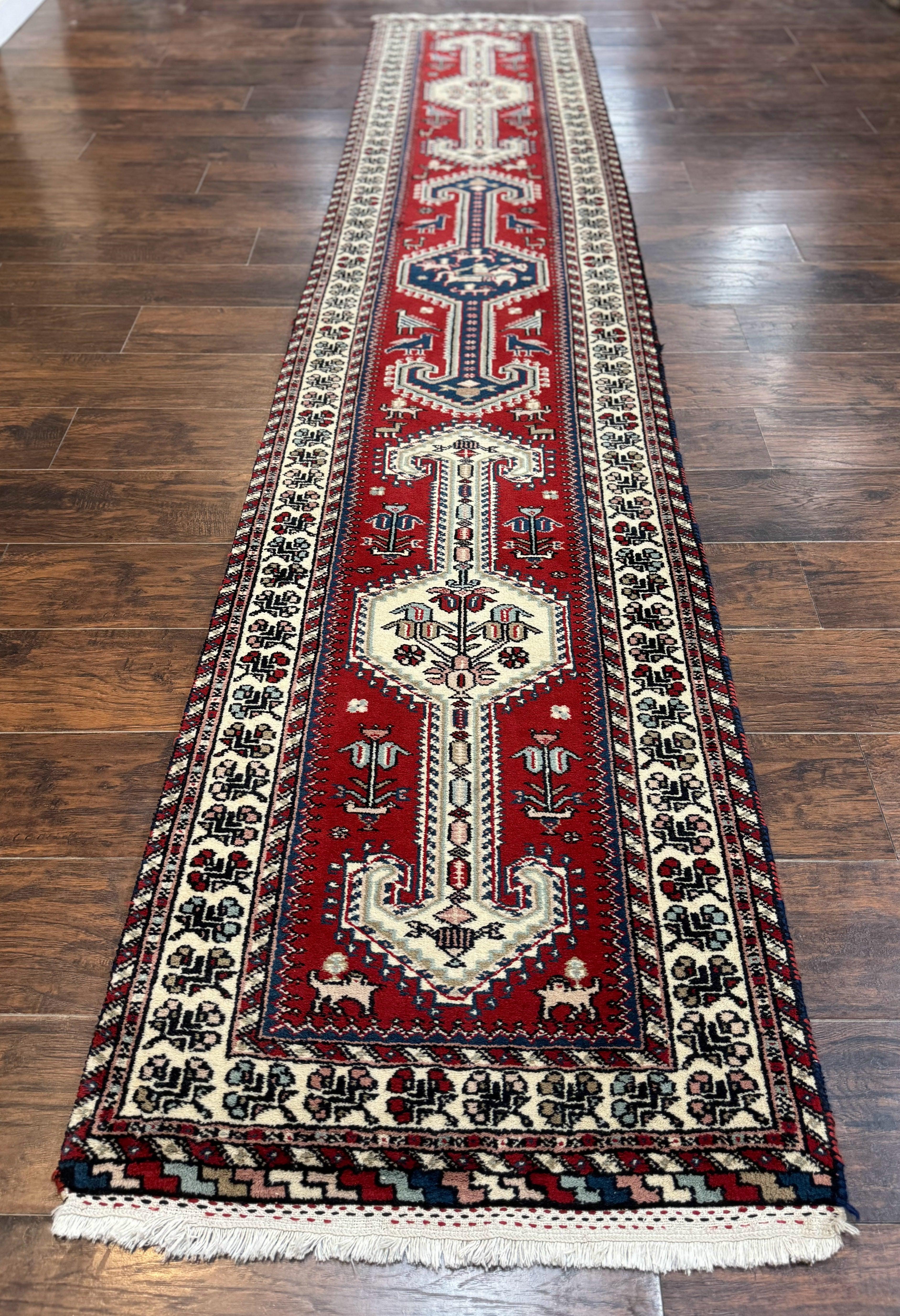 Indo Persian Runner Rug 2.6 x 12, Heriz Geometric Caucasian Design, Animal Pictorials, Tribal Runner Rug, Vintage Handmade Wool Red - Jewel Rugs