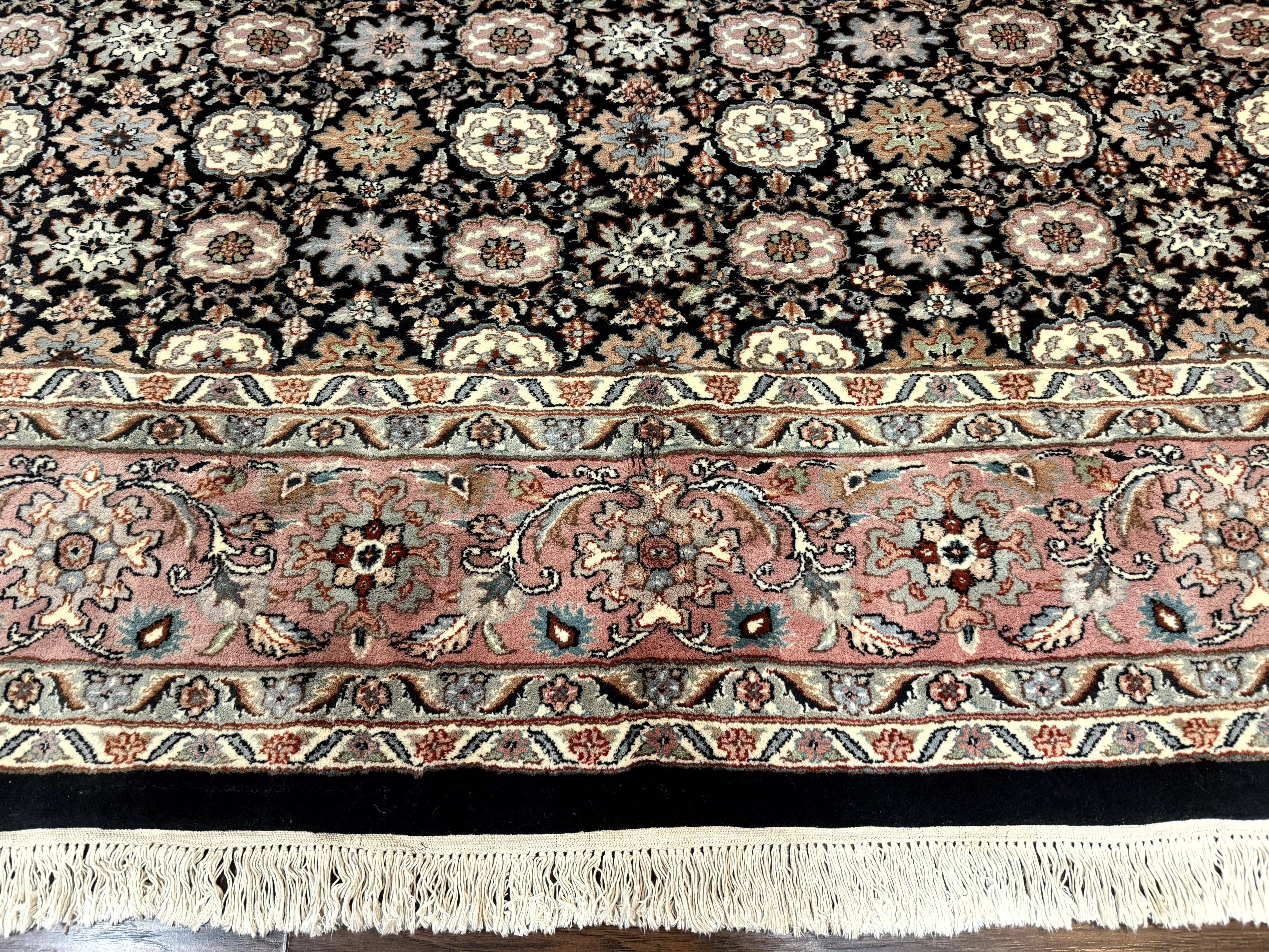 Indo Persian Rug 9x12, Vintage Handmade Wool Carpet, Repeated Allover Motif, Navy Blue and Pink - Jewel Rugs