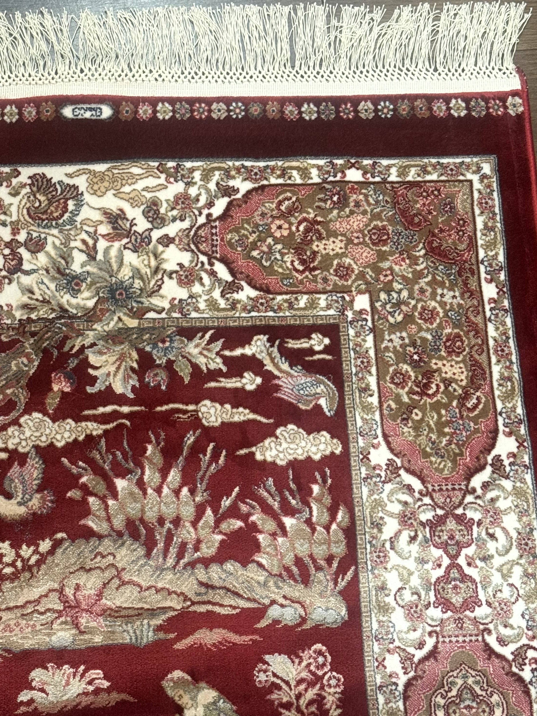 Turkish Silk Rug 2.6 x 6.7, Hunting Design, Short Runner Rug, Red & Ivory, Bamboo Silk, New - Jewel Rugs