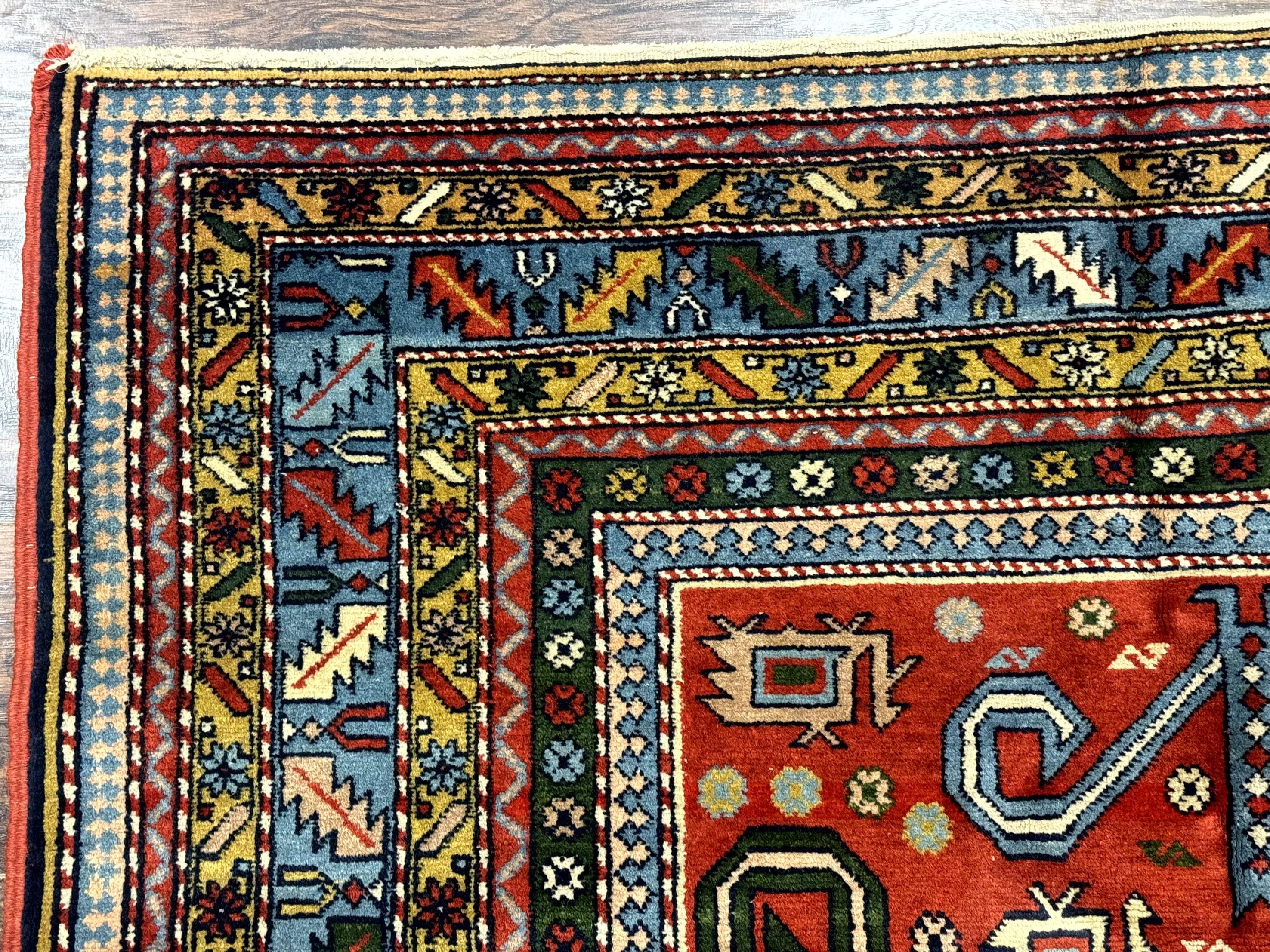 Colorful Persian Ardabil Rug 4x7, Red Blue Gold, Geometric Caucasian Design, Vintage - Jewel Rugs