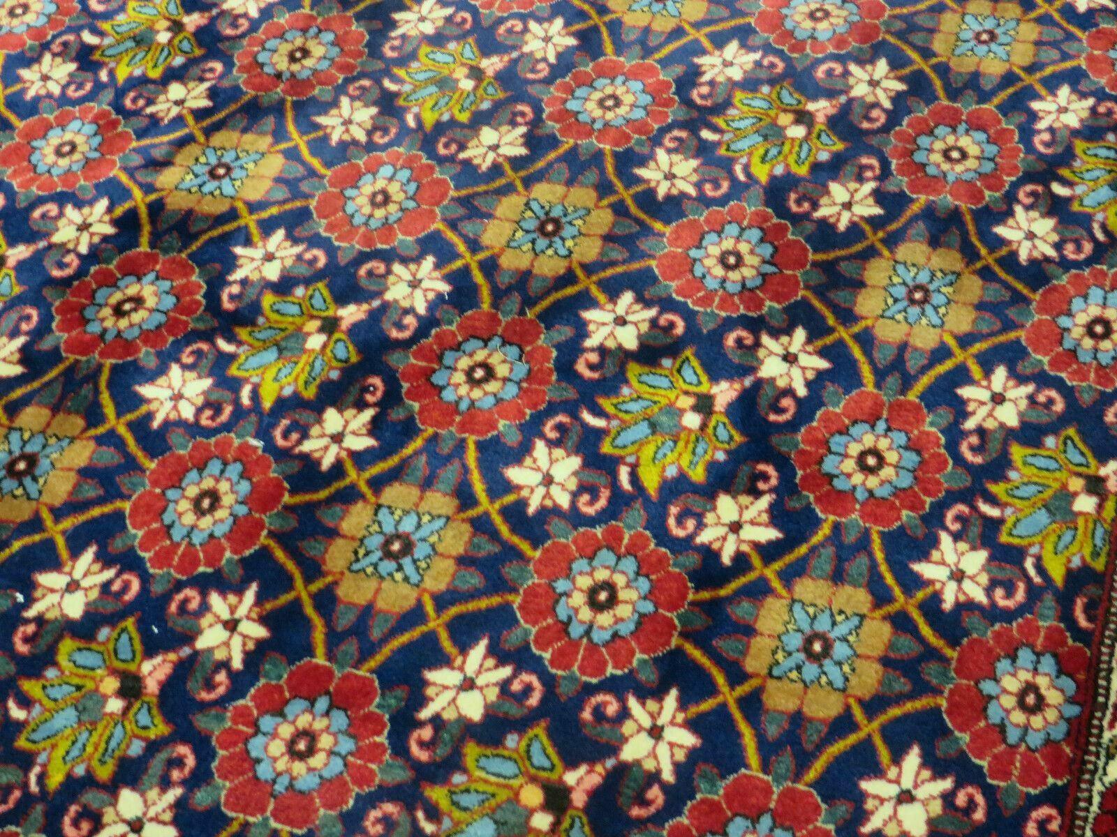 Navy Blue Antique Persian Rug 7x11, Veramin Mina Khani Repeated Allover Pattern, Vintage Authentic Hand Knotted Handmade Wool Room Sized Carpet - Jewel Rugs