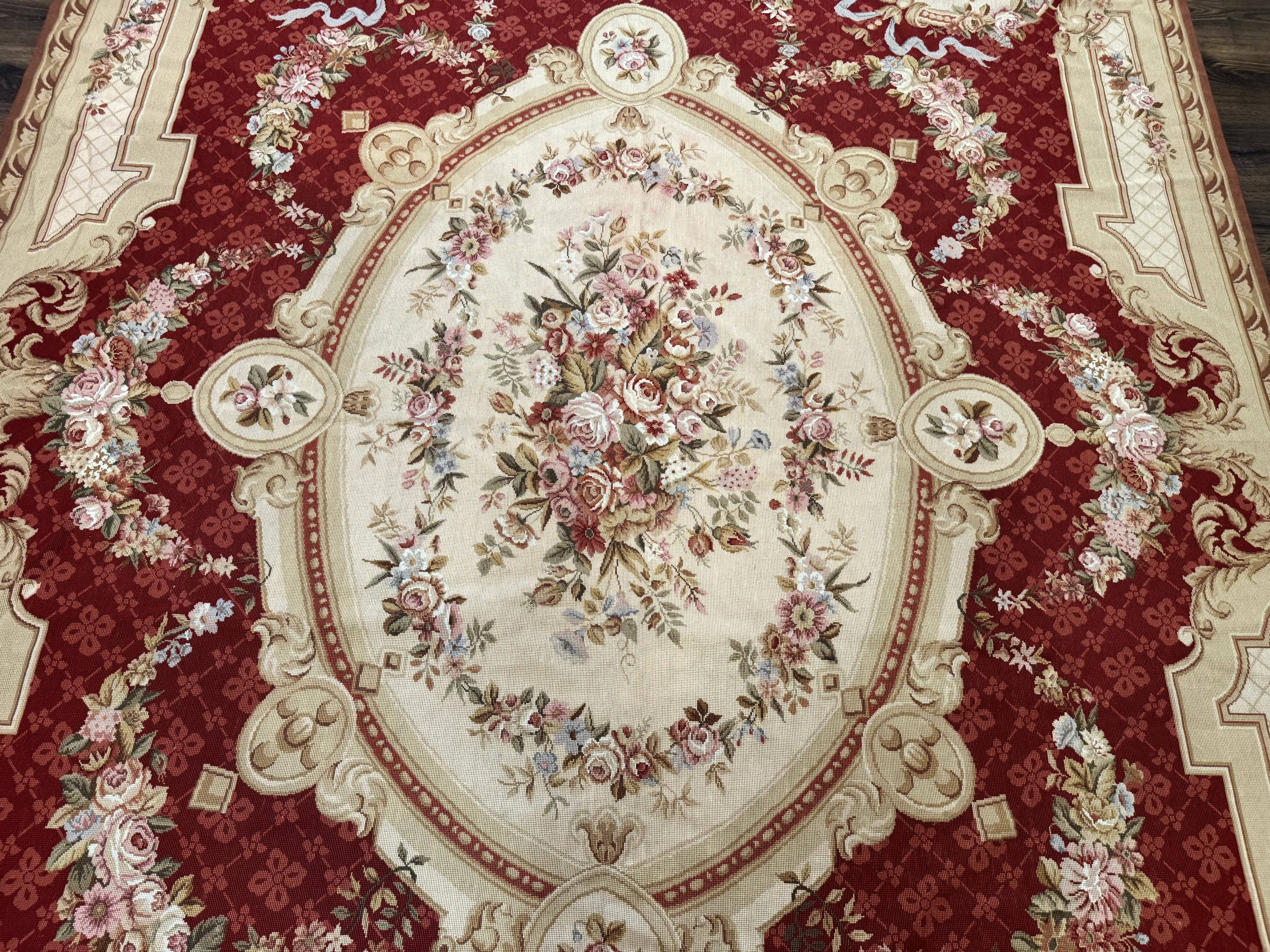 Aubusson Rug 8x11, Needlepoint Carpet, Red Ivory Beige, Vintage, French European Design - Jewel Rugs