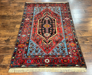 Antique Persian Tribal Rug 4x7, Wool Handmade 1920s Carpet, Red Blue, Persian Hamadan Rug