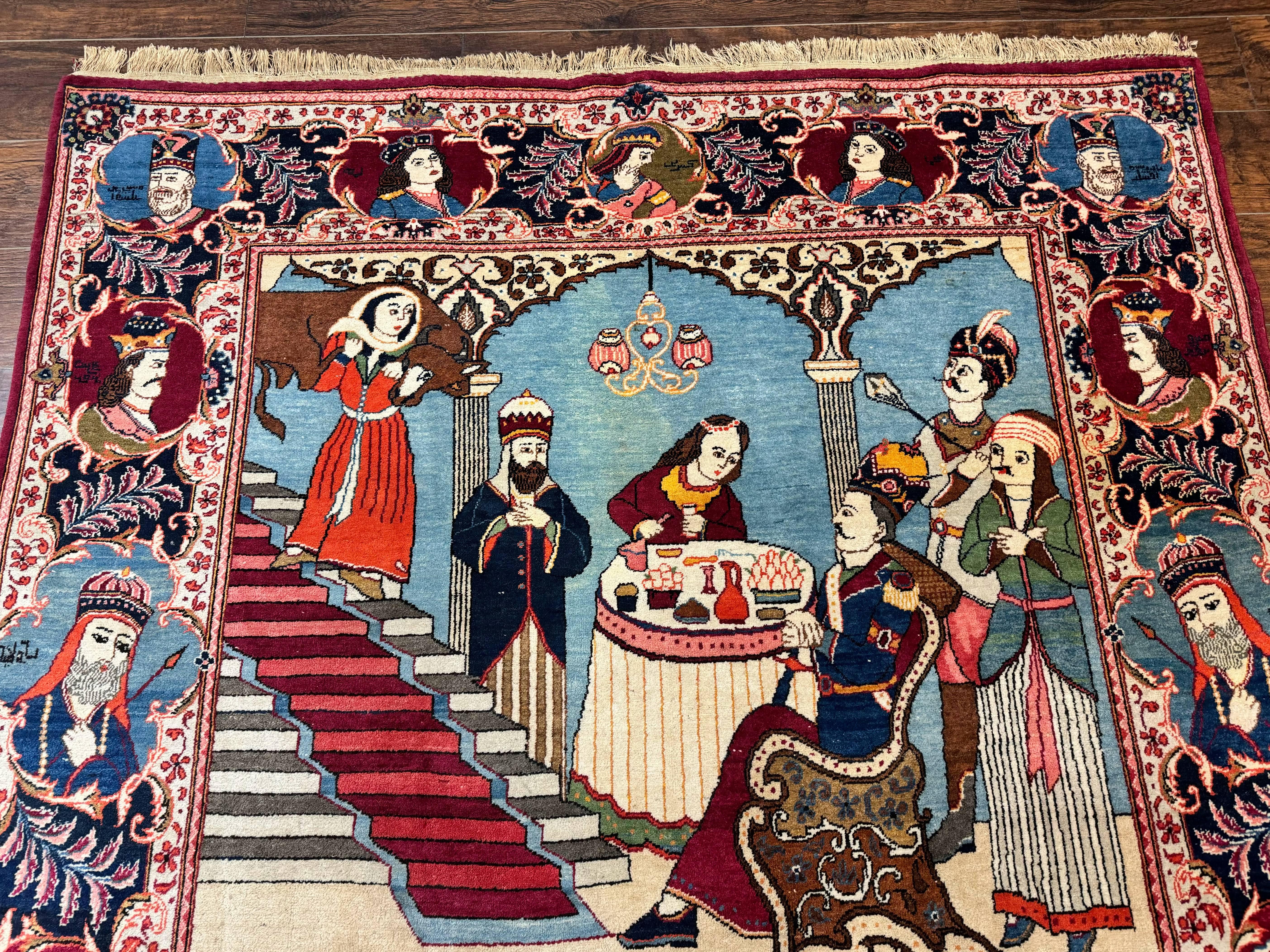 Rare Persian Kashan Pictorial Rug 6x9, King Bahram Hunting Scene, Persian Kings, Hand Knotted Persian Rug for Wall Hanging, Antique, Wool - Jewel Rugs