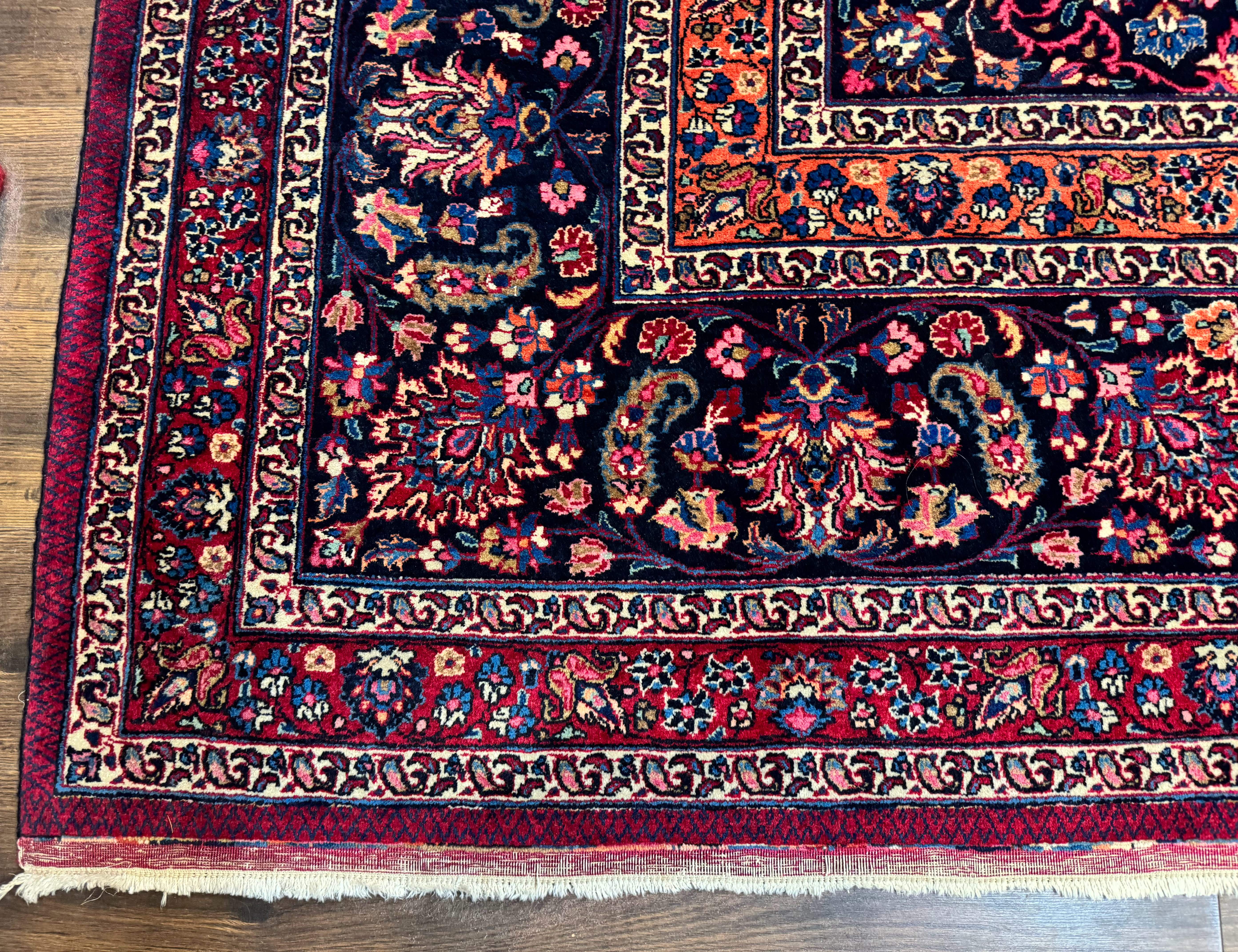 Antique Persian Mashad Rug 12x15, Palace Size Carpet, Wool Hand Knotted, Red and Navy Blue, Floral Medallion - Jewel Rugs