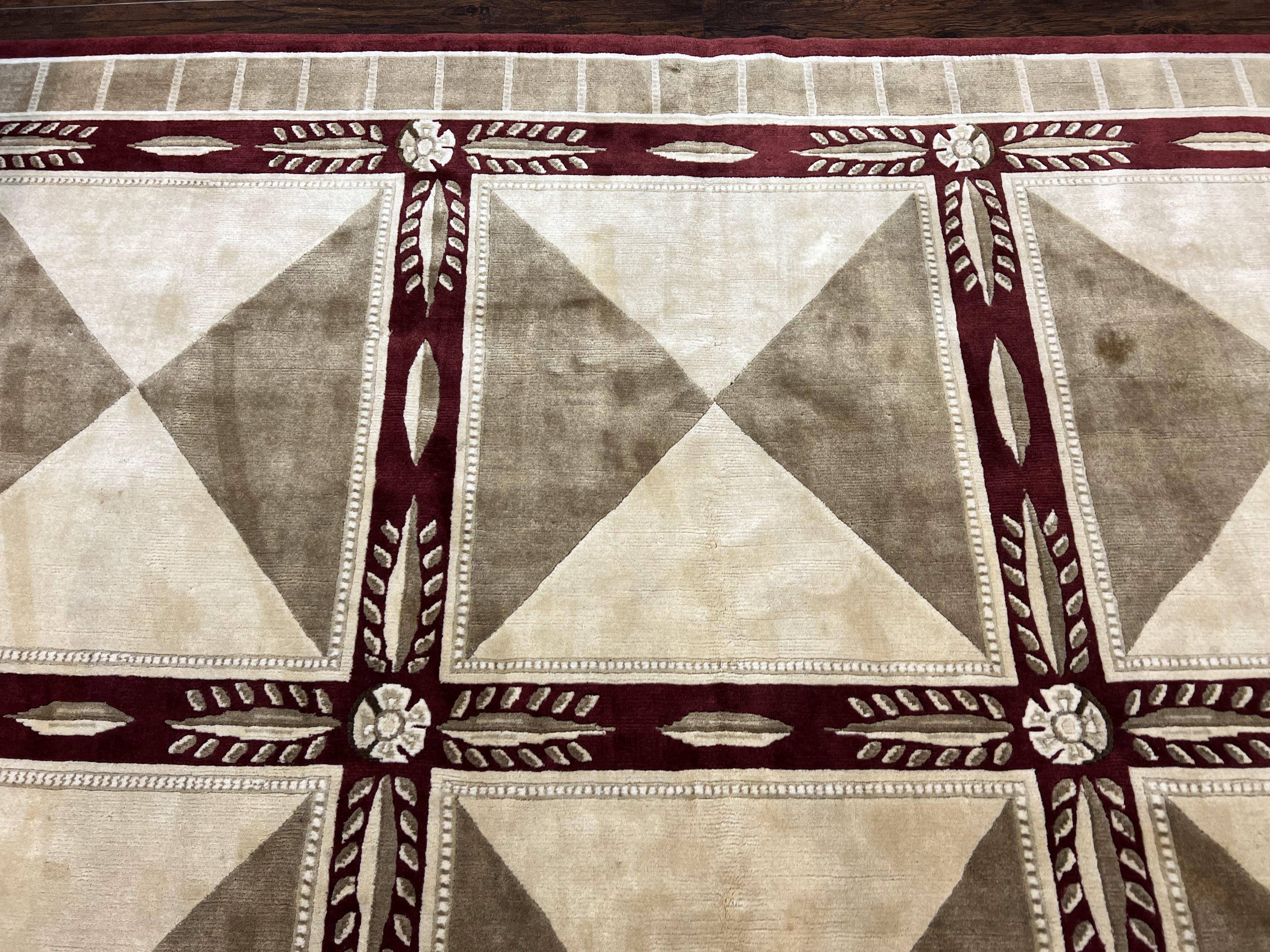 Indo Tibetan Rug 10x14, Nepali Carpet, Large Soft Wool Area Rug, Olive Tan Maroon, Contemporary Rug 10 x 14 ft Living Room Rug, Handmade Rug - Jewel Rugs