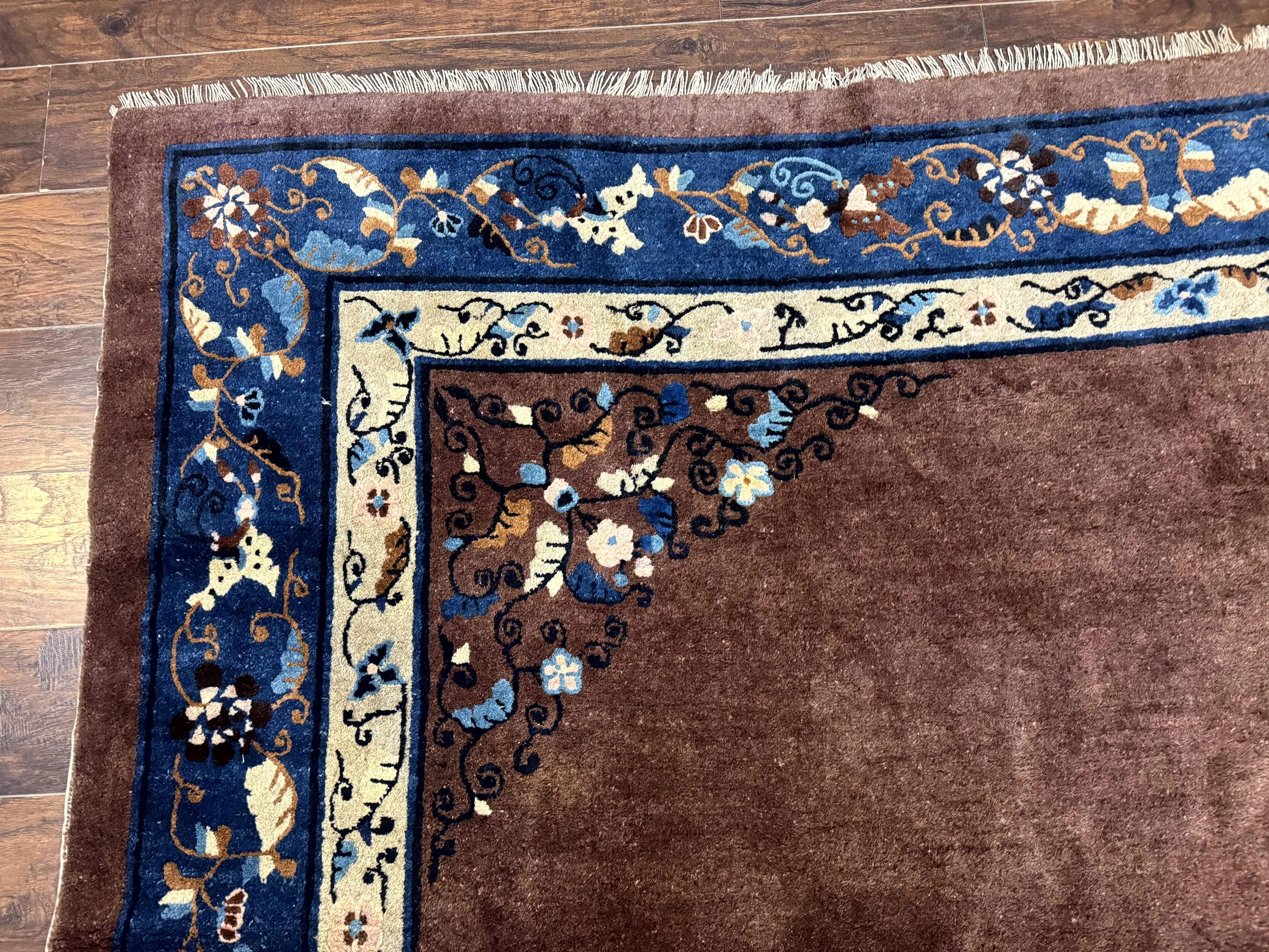 Antique Chinese Wool Rug 9x11, Large Chinese Art Deco Rug, Peking Rug, Brown and Blue, Open Field, Fete Rug - Jewel Rugs
