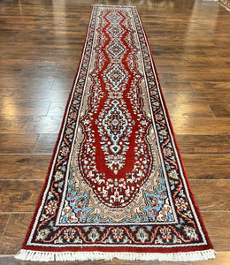 Indo Persian Runner Rug 2.8 x 14.8, Long Indo Kirman Hallway Rug, Red Floral Wool Vintage Handmade Oriental Runner