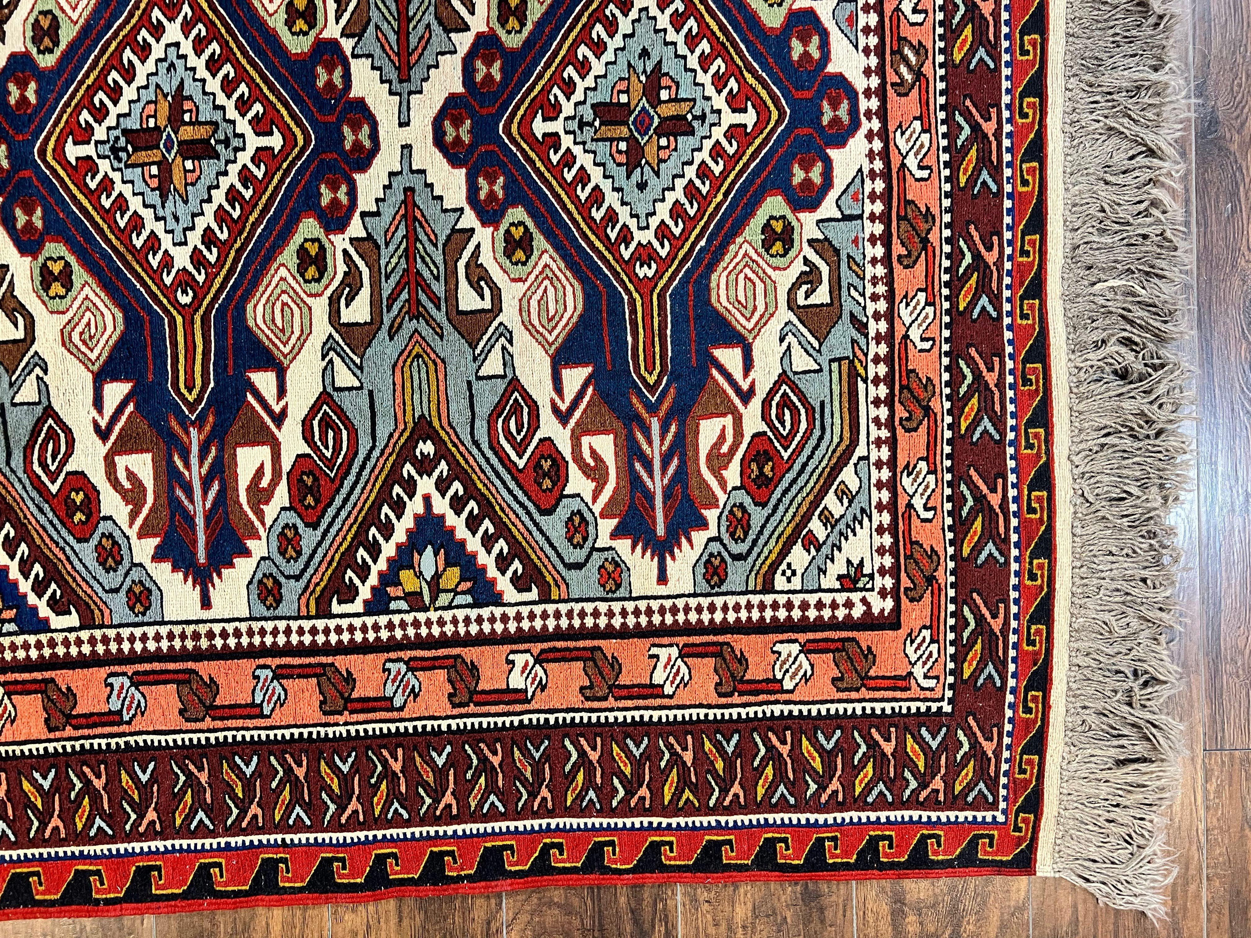 Russian Soumak Rug 6x8, Wool Handmade Antique Kilim Carpet, Multicolor 6 x 8 Geometric Medallions Caucasian Rug, Medium Size - Jewel Rugs