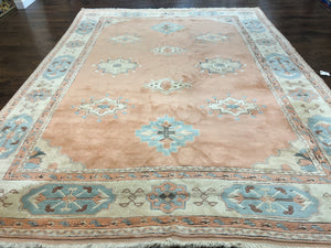 Turkish Oushak Rug 9x12, Wool Hand Knotted Vintage Carpet, Peach Cream Light Blue Room Sized Oriental Rug