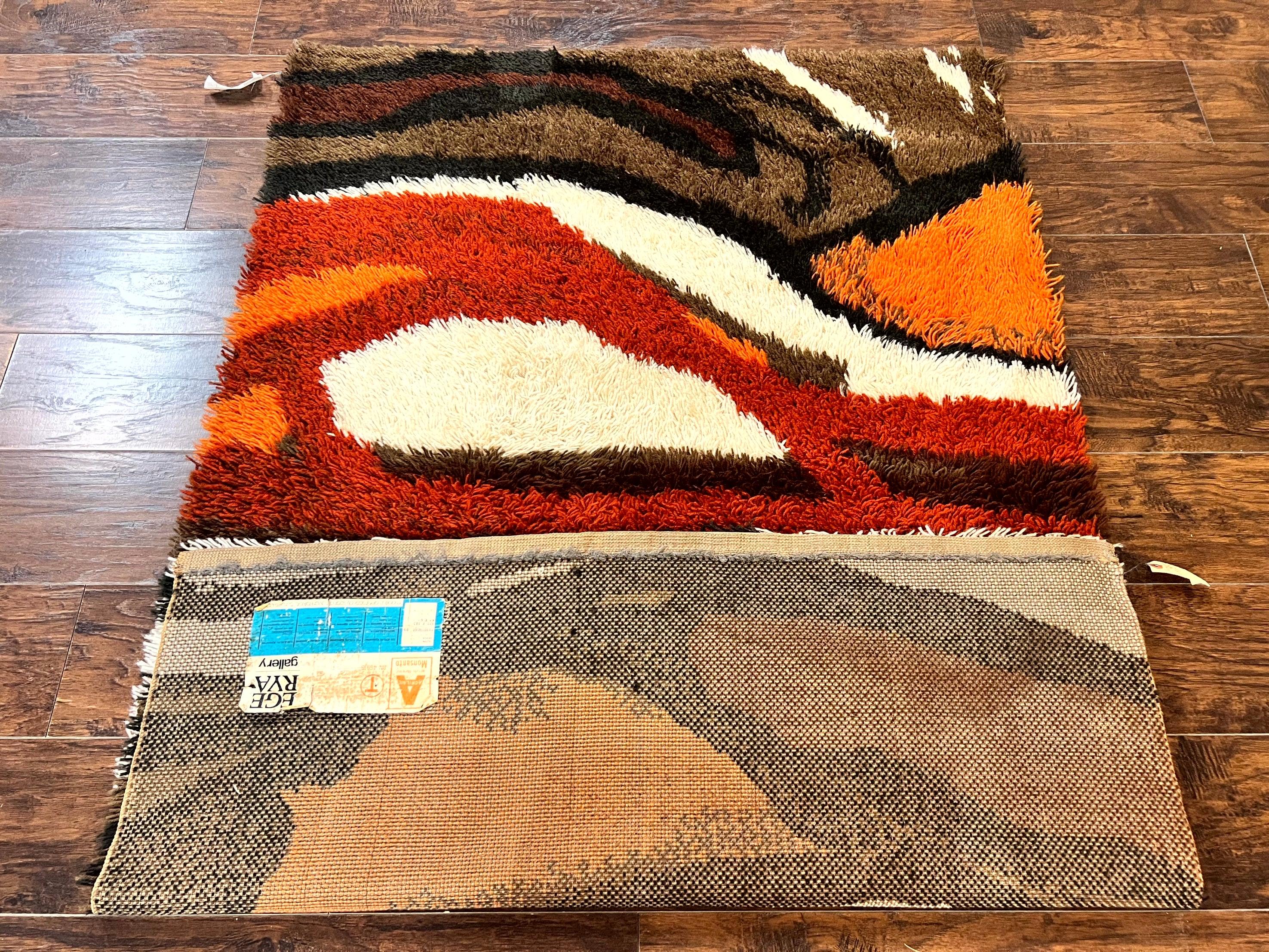 Danish Rya Rug 4x6, Mid Century Modern Abstract EGE Rya Carpet, Vintage Retro Shag Rug, Orange Brown Ivory Black - Jewel Rugs