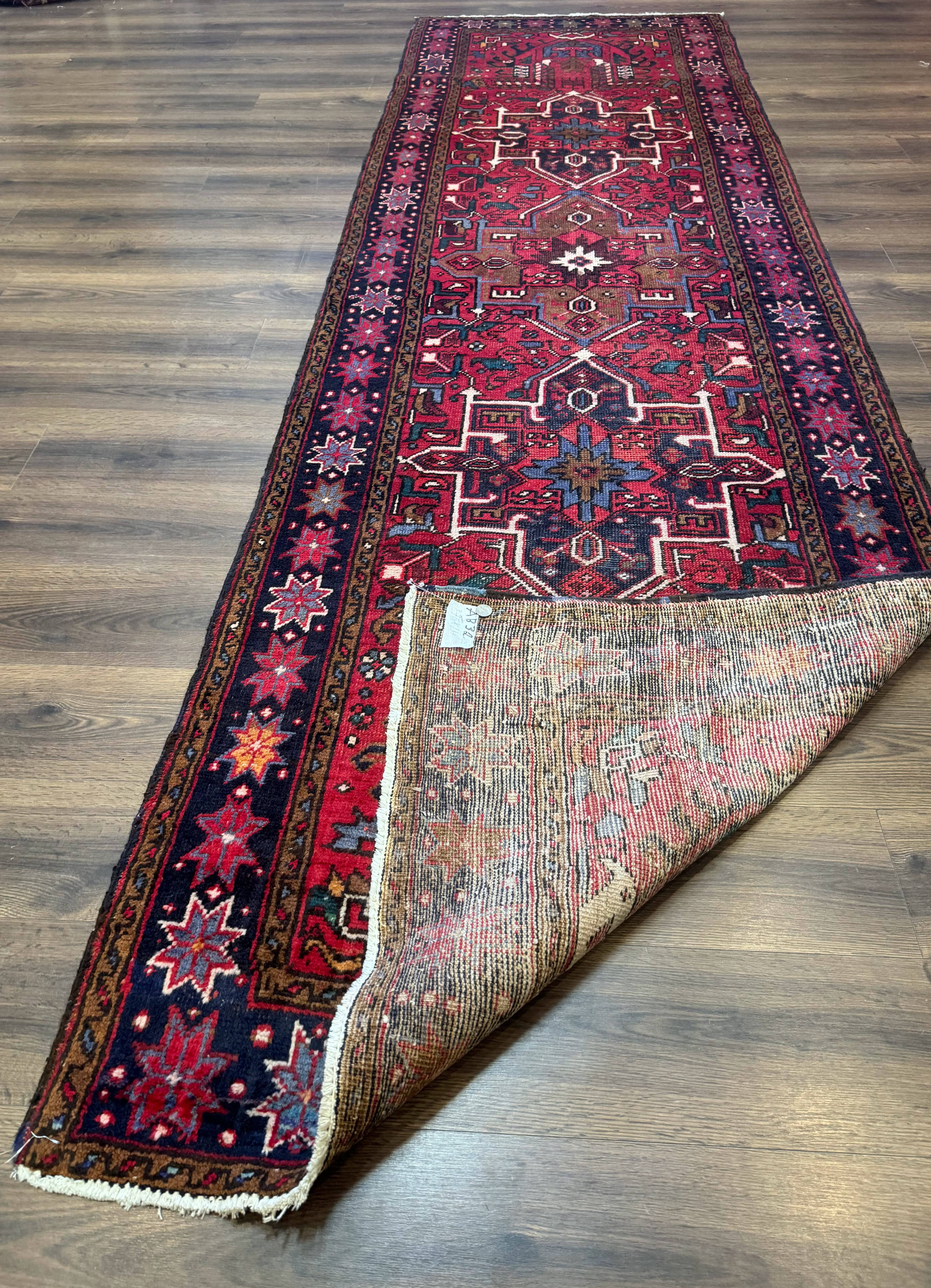 Persian Heriz Karajeh Runner Rug 3.7 x 12, Geometric Medallions, Red and Navy Blue - Jewel Rugs