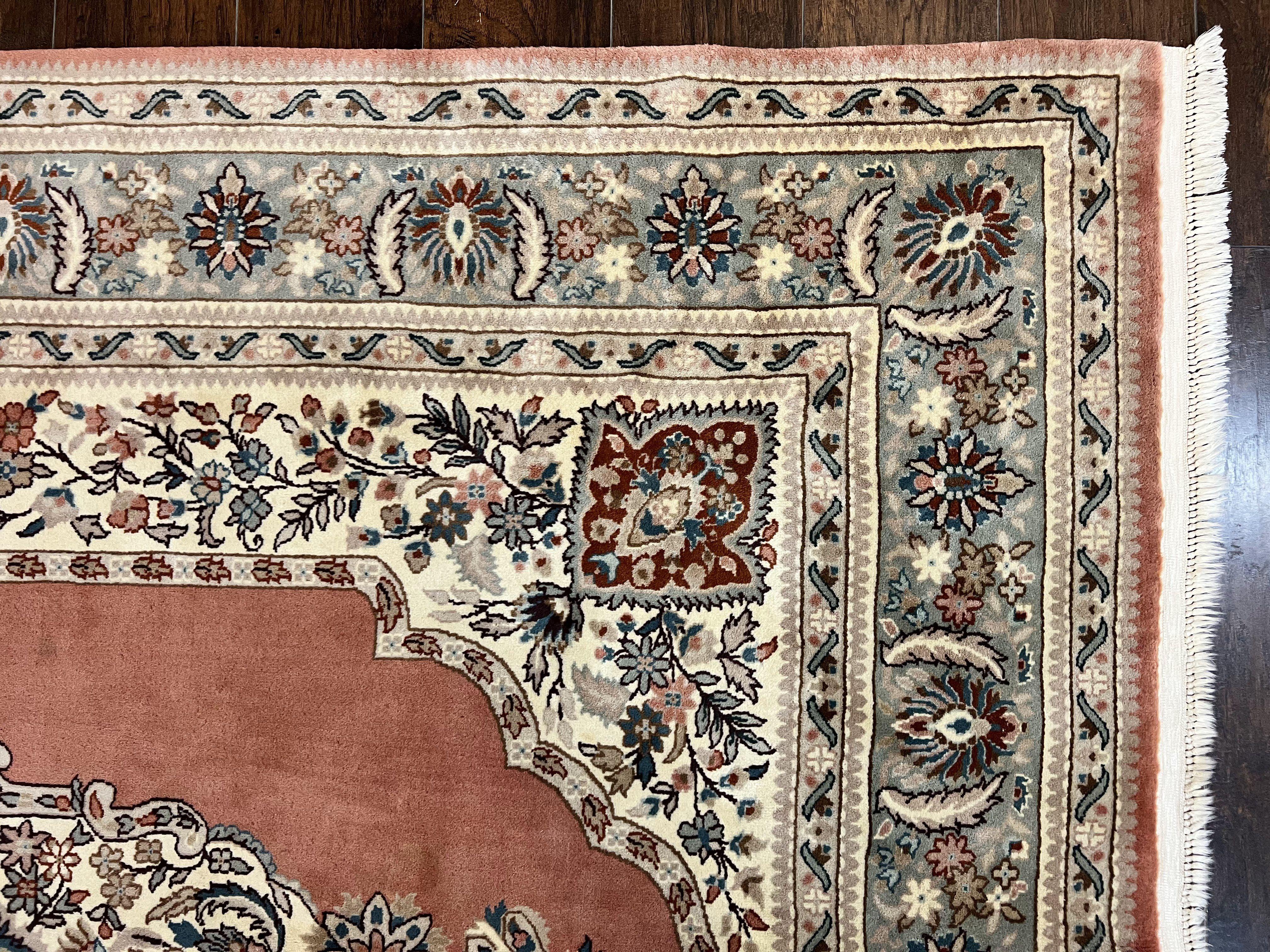 Indo Persian Rug 6x9, Semi Open Field Medallion Rug, Vintage Hand Knotted Wool Oriental Carpet, Traditional Rug, Light Pink, Medium Size - Jewel Rugs