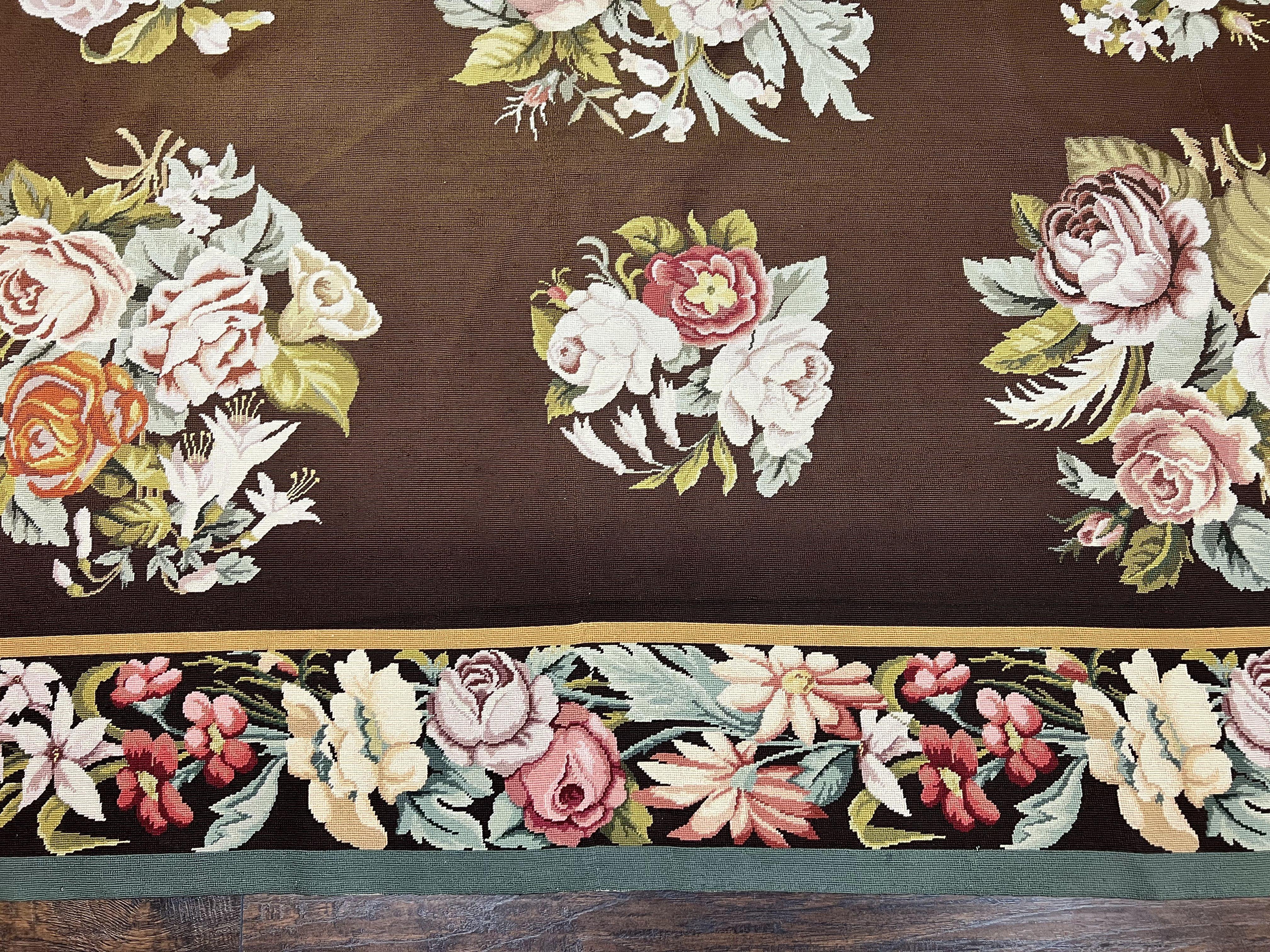 Vintage Needlepoint Rug 9x12, Large Handmade Hand-woven Needlepoint Carpet, Brown Area Rug, Floral Bouquets, Wool Rug, European Design - Jewel Rugs
