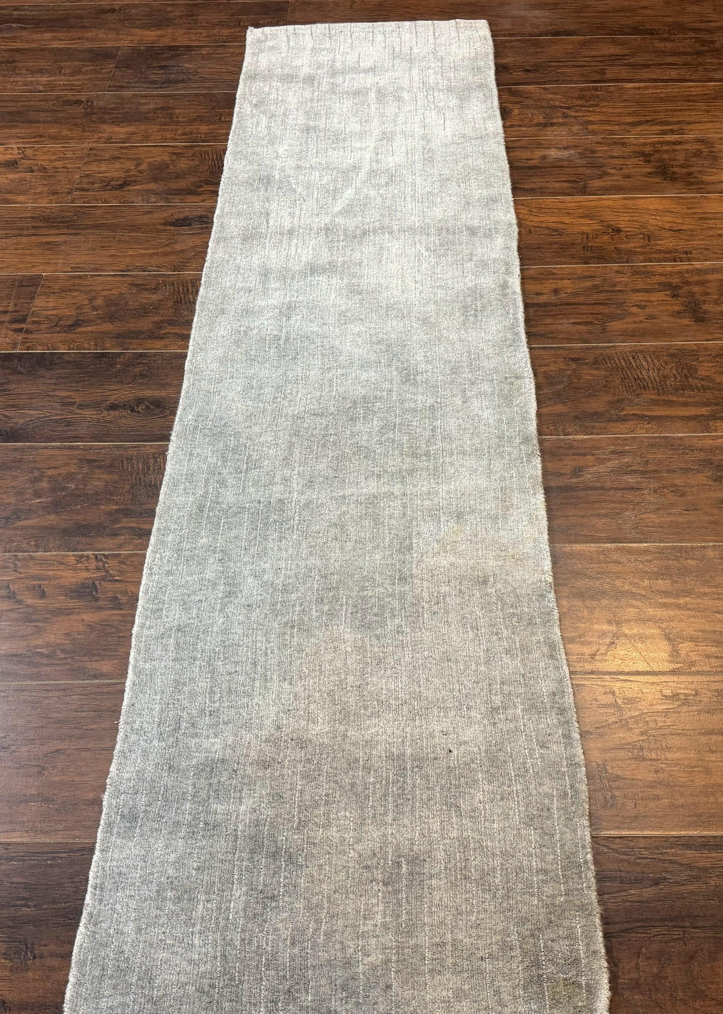 Modern Tibetan Runner Rug 1.9 x 8.6, Wool and Silk Highlights, Gray/Silver, Narrow Runner for Hallway or Kitchen - Jewel Rugs