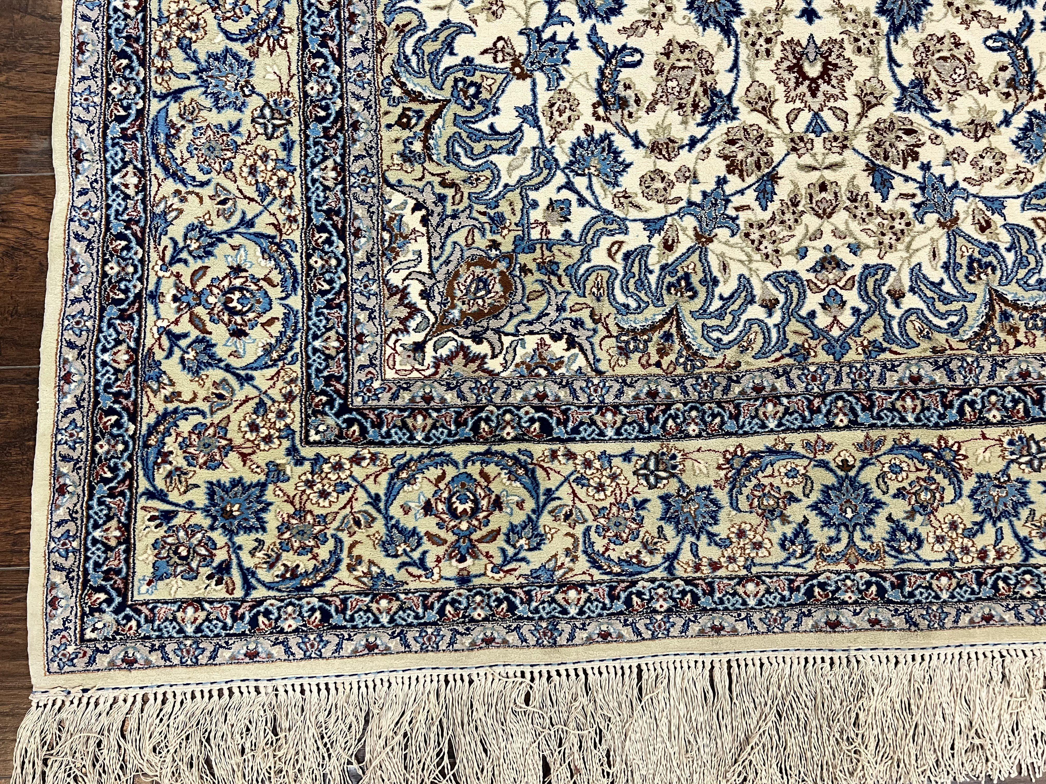 Persian Isfahan Rug 5x8, Kork Wool on Silk Foundation, 440 KPSI, Handmade Vintage Carpet, Floral Medallion Oriental Rug, Ivory & Blue, Very Fine - Jewel Rugs