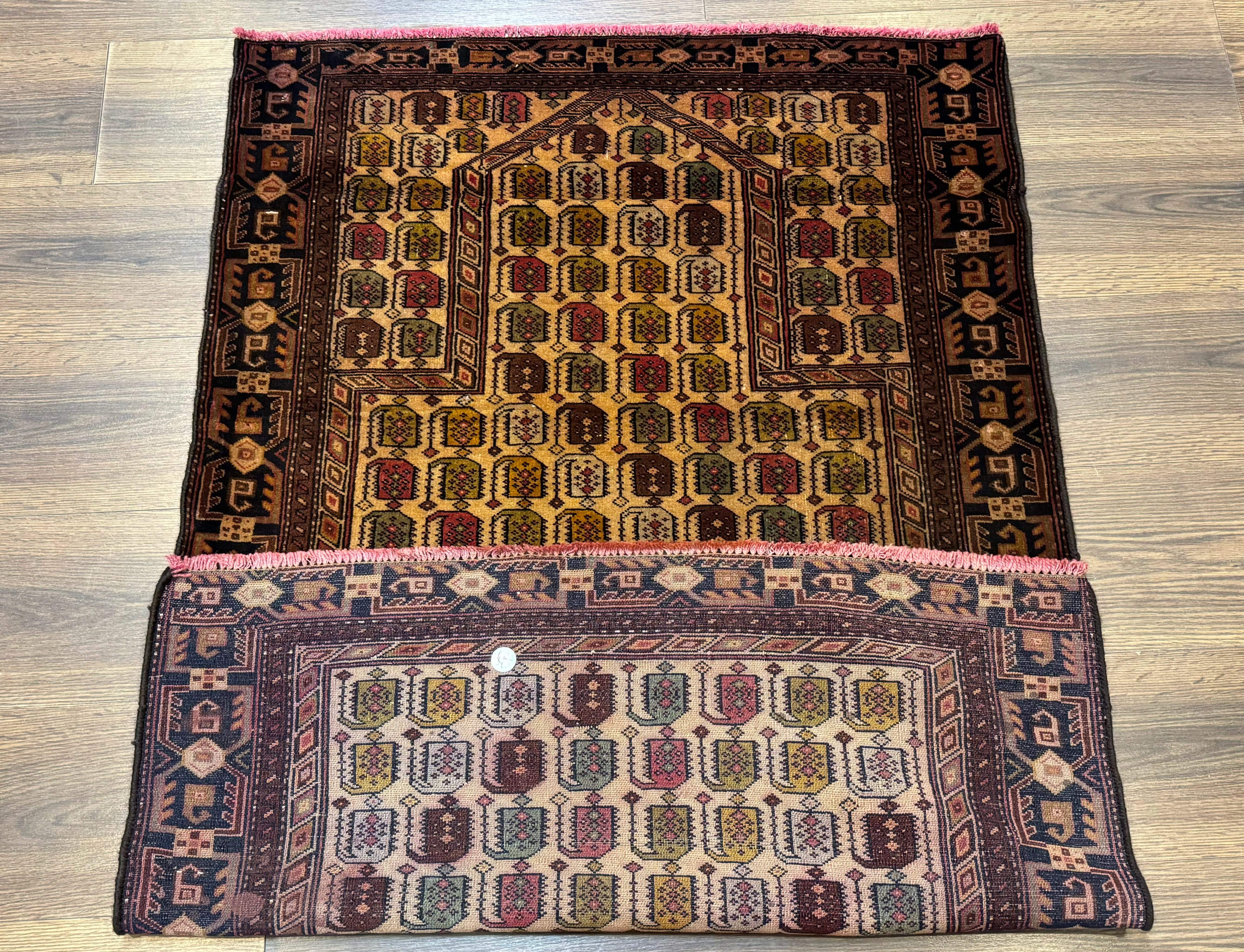 Persian Baluchi Prayer Rug 3x5 – Repeated Boteh Design, Golden-Tan, Handmade Wool Carpet - Jewel Rugs