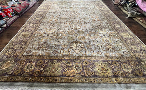 Large Indian Rug 10x14, Indo Mahal Wool Hand Knotted Vintage Carpet, Gray Gold Purple, Handmade Rug 10 x 14, Floral Allover