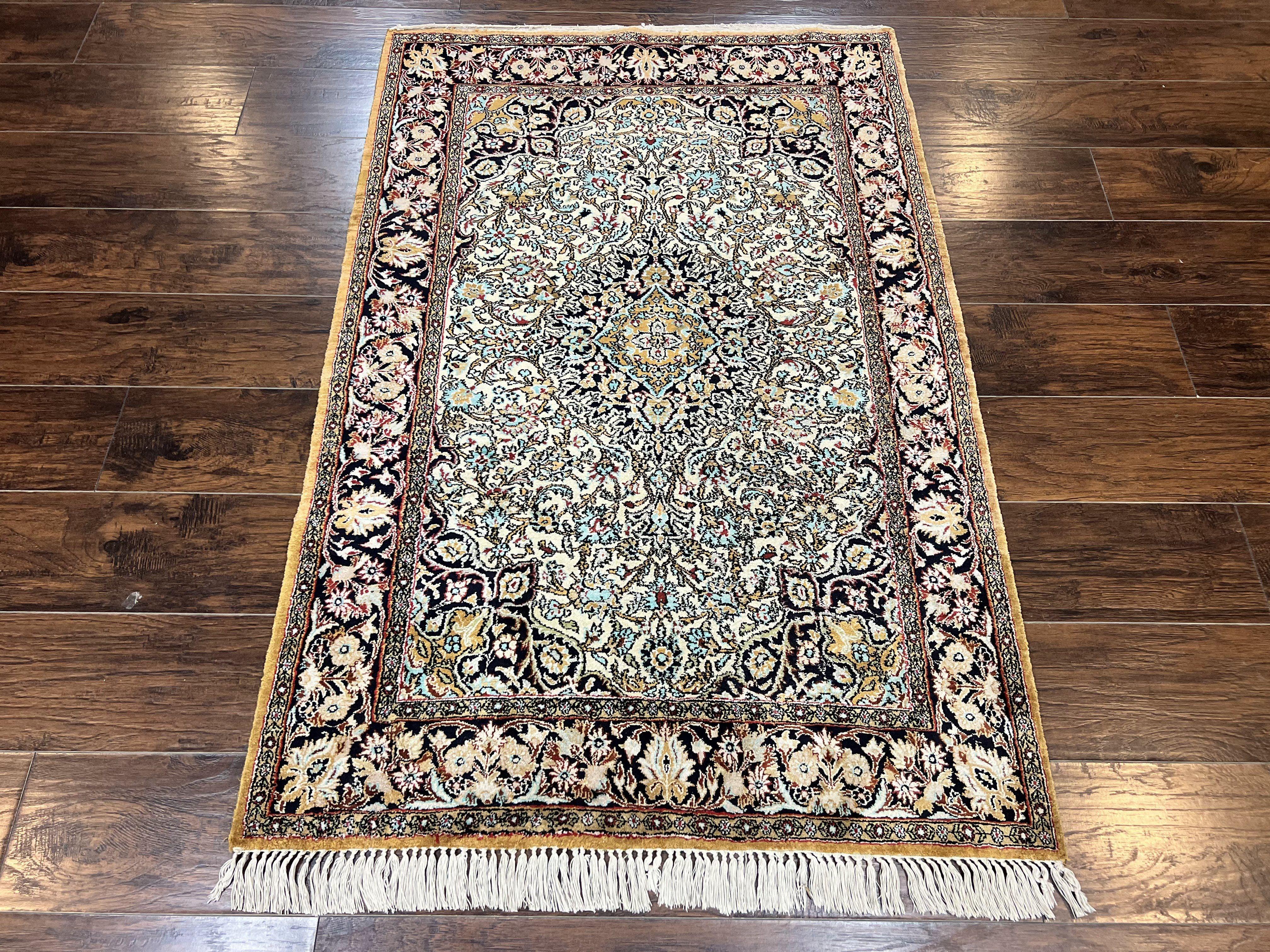 Silk Persian Qum Rug 4x5, Hand Knotted Vintage Carpet, Cream & Navy Blue, Silk Pile on Silk Foundation, Very Fine 360 KPSI - Jewel Rugs