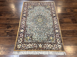Silk Persian Qum Rug 4x5, Hand Knotted Vintage Carpet, Cream & Navy Blue, Silk Pile on Silk Foundation, Very Fine 360 KPSI