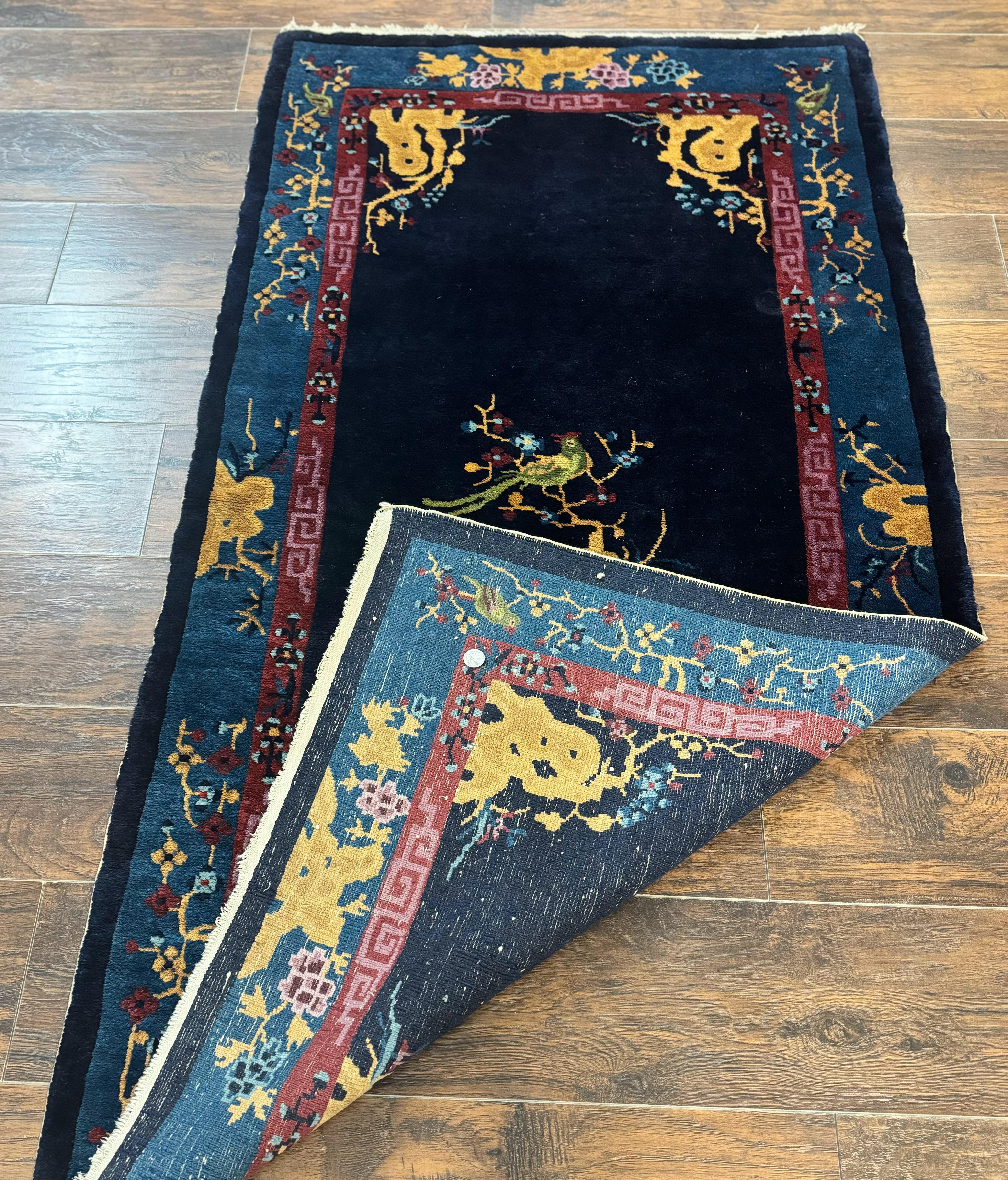 Antique Chinese Peking Rug 3x6, Dark Blue, Bird Motif, Handmade Wool Art Deco Asian Oriental Carpet, Pair A - Jewel Rugs