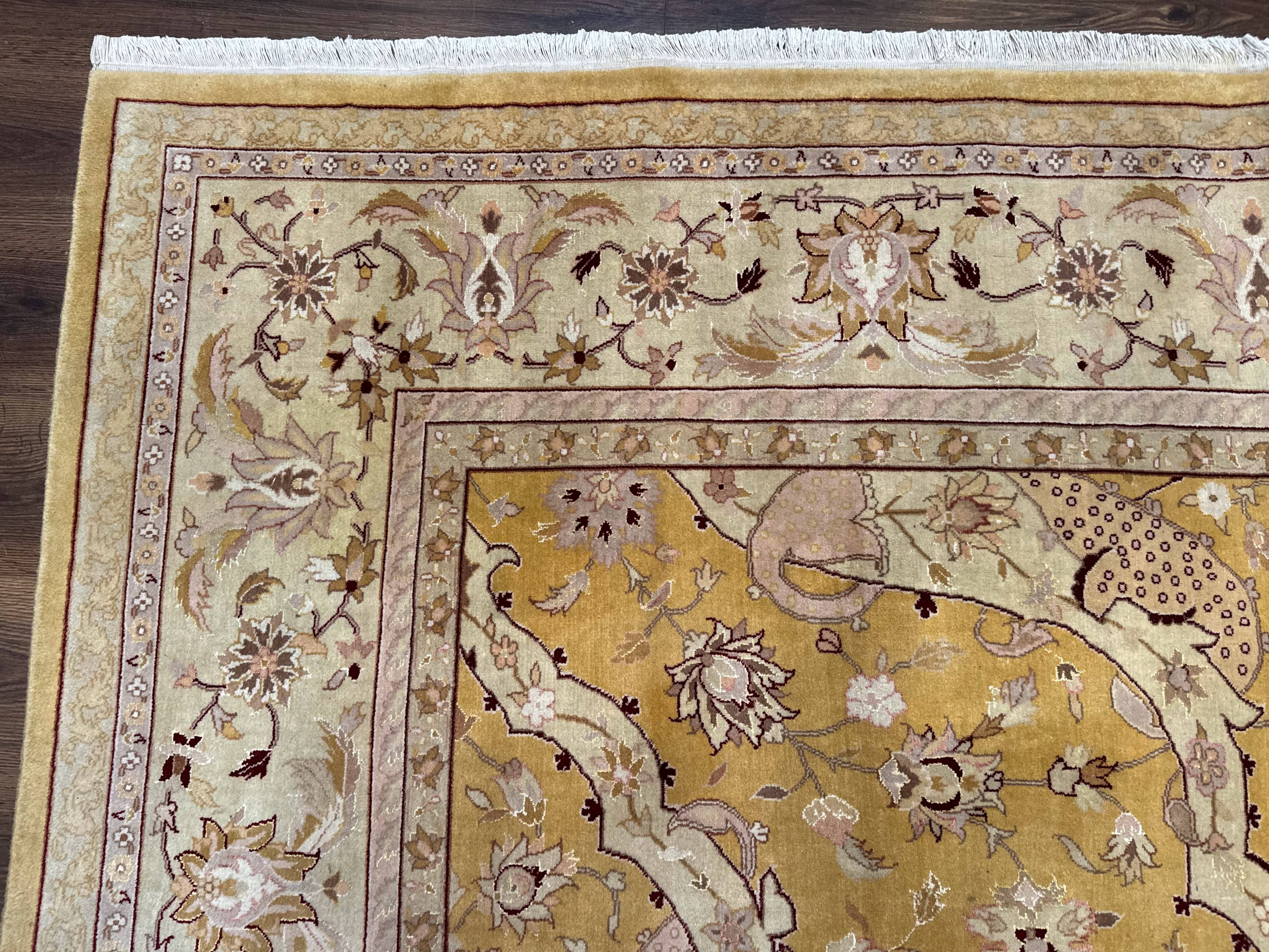 Sino Persian Rug 8x11, Wool with Silk Highlights, Unique Colors, Gold and Light Green, Fine 240 KPSI - Jewel Rugs