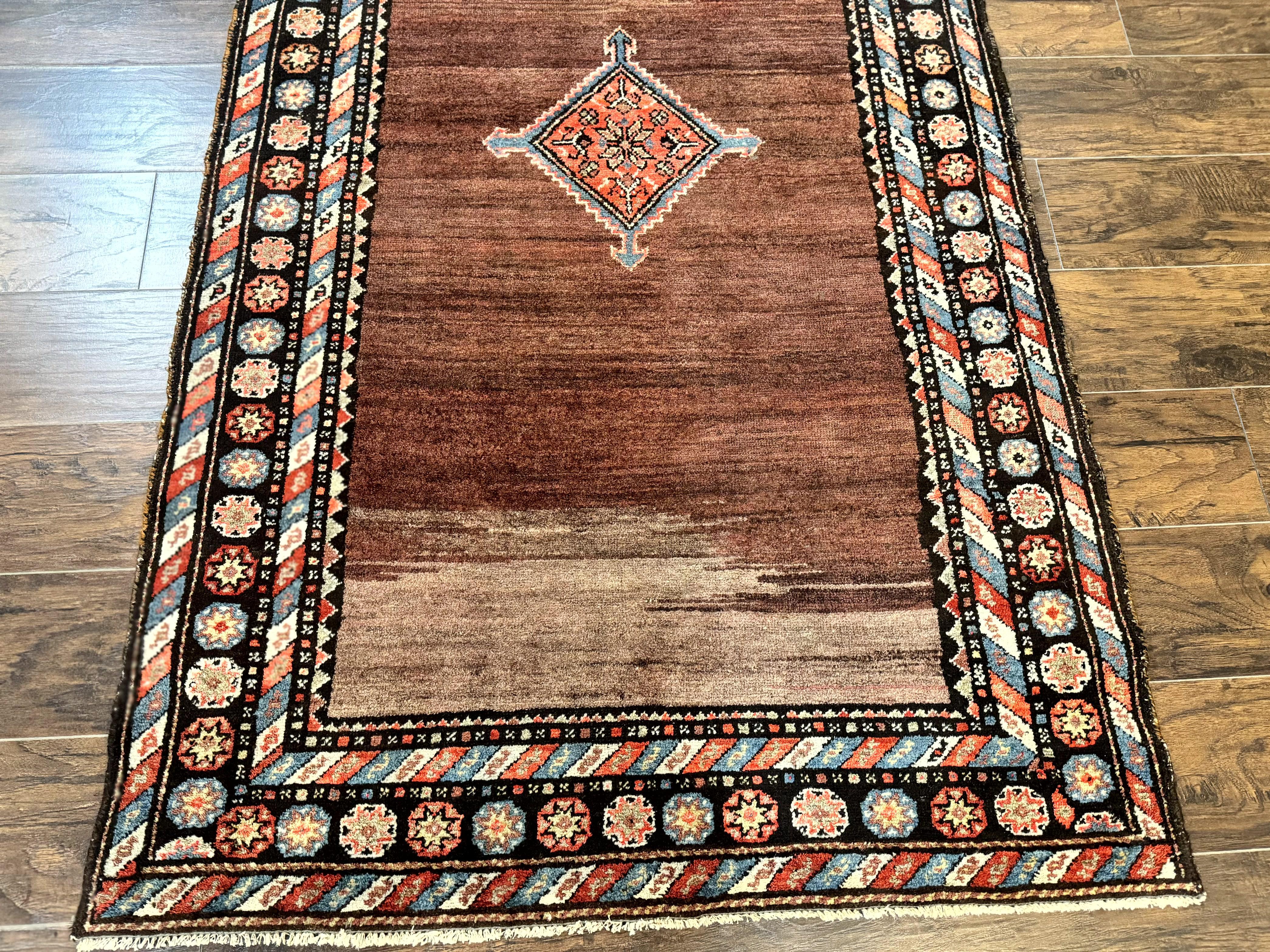 Antique Persian Rug 4x7, Sarab Tribal Wool Carpet, Brown and Multicolor, Handmade Wide Runner Rug 4 x 7, Open Field, Rainbow Border - Jewel Rugs