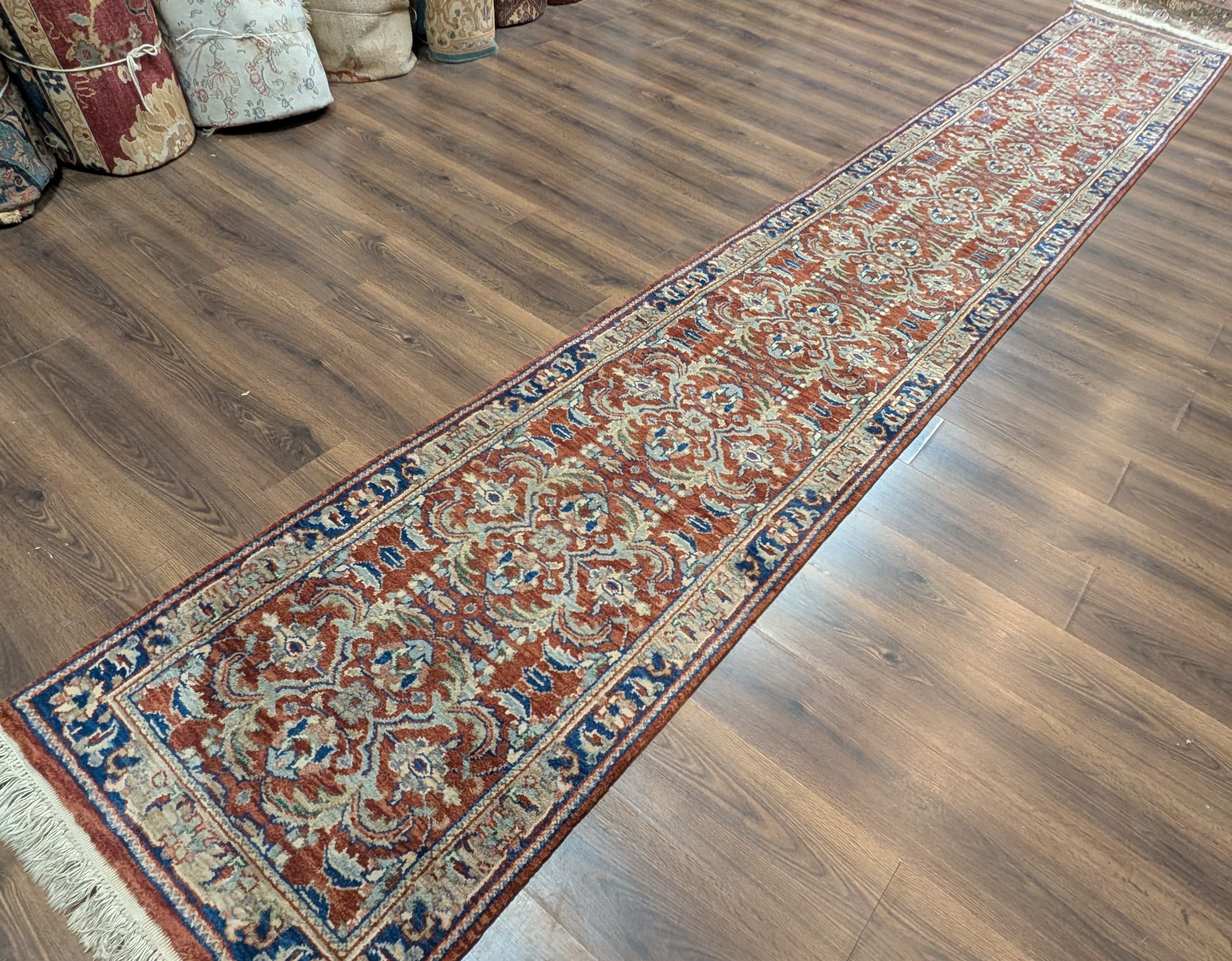 Indo Persian Runner Rug 2.6 x 16, Long Narrow Rug for Hallway, Brick Red and Blue - Jewel Rugs