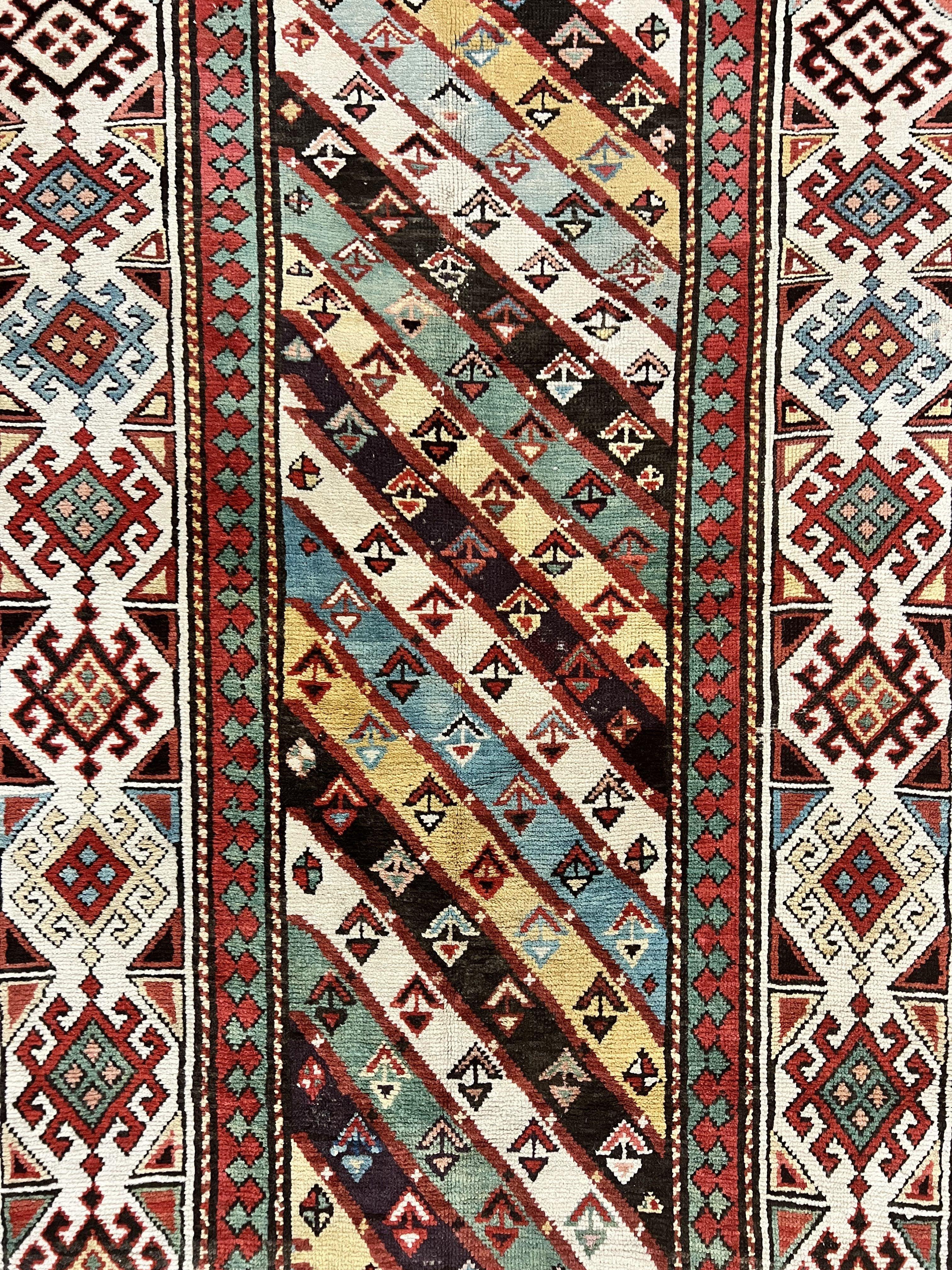 Caucasian Kazak Runner Rug 3.6 x 8, Wool Hand Knotted Antique 1880s Carpet, Ivory & Multicolor Stripes Oriental Runner Rug, Hallway Rug - Jewel Rugs