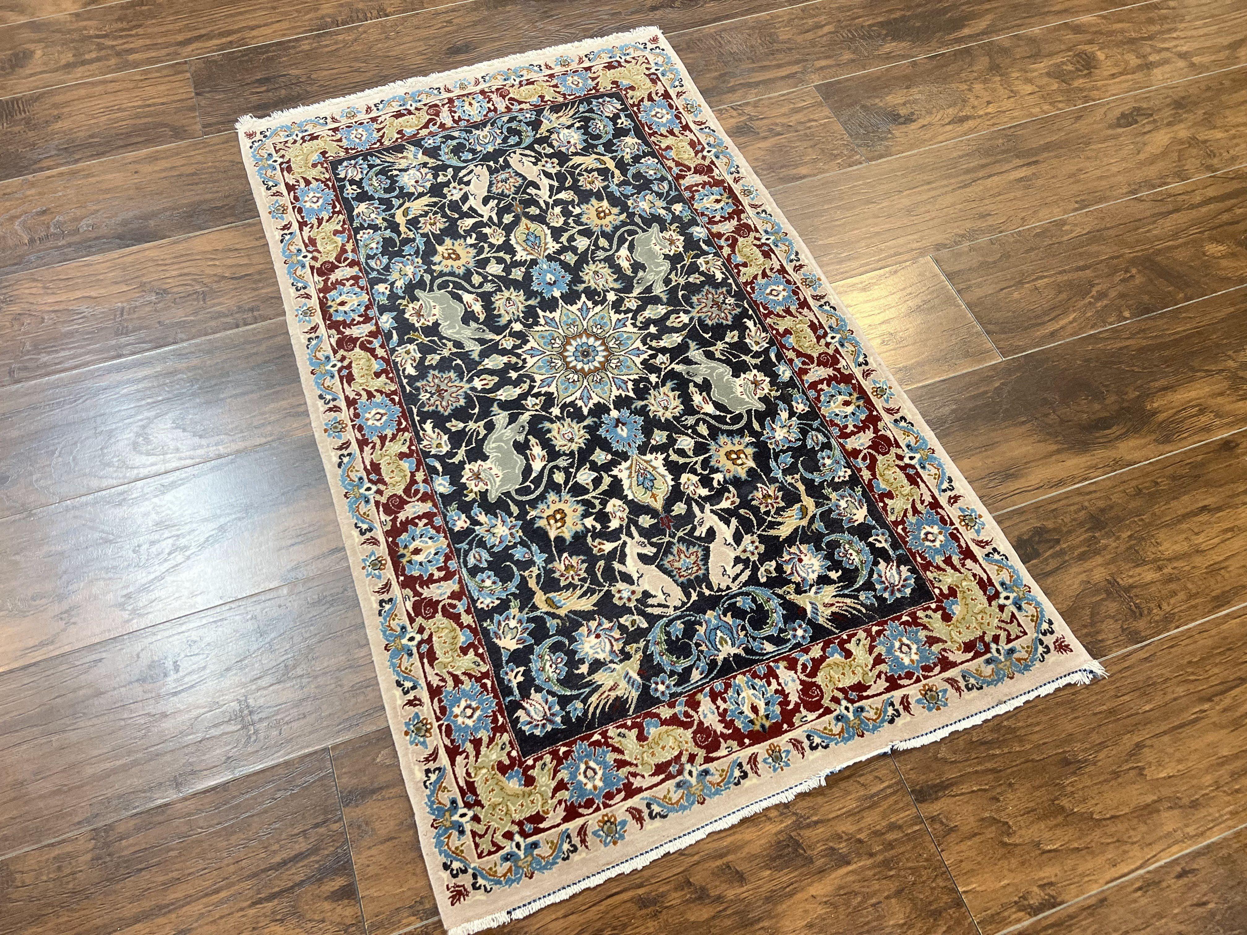 Wonderful Persian Isfahan Rug 2.4 x 4, Animal Pictorials Deer, Floral, Handmade Vintage Navy Blue Small Persian Carpet, Very Fine 430 KPSI Kork Wool - Jewel Rugs