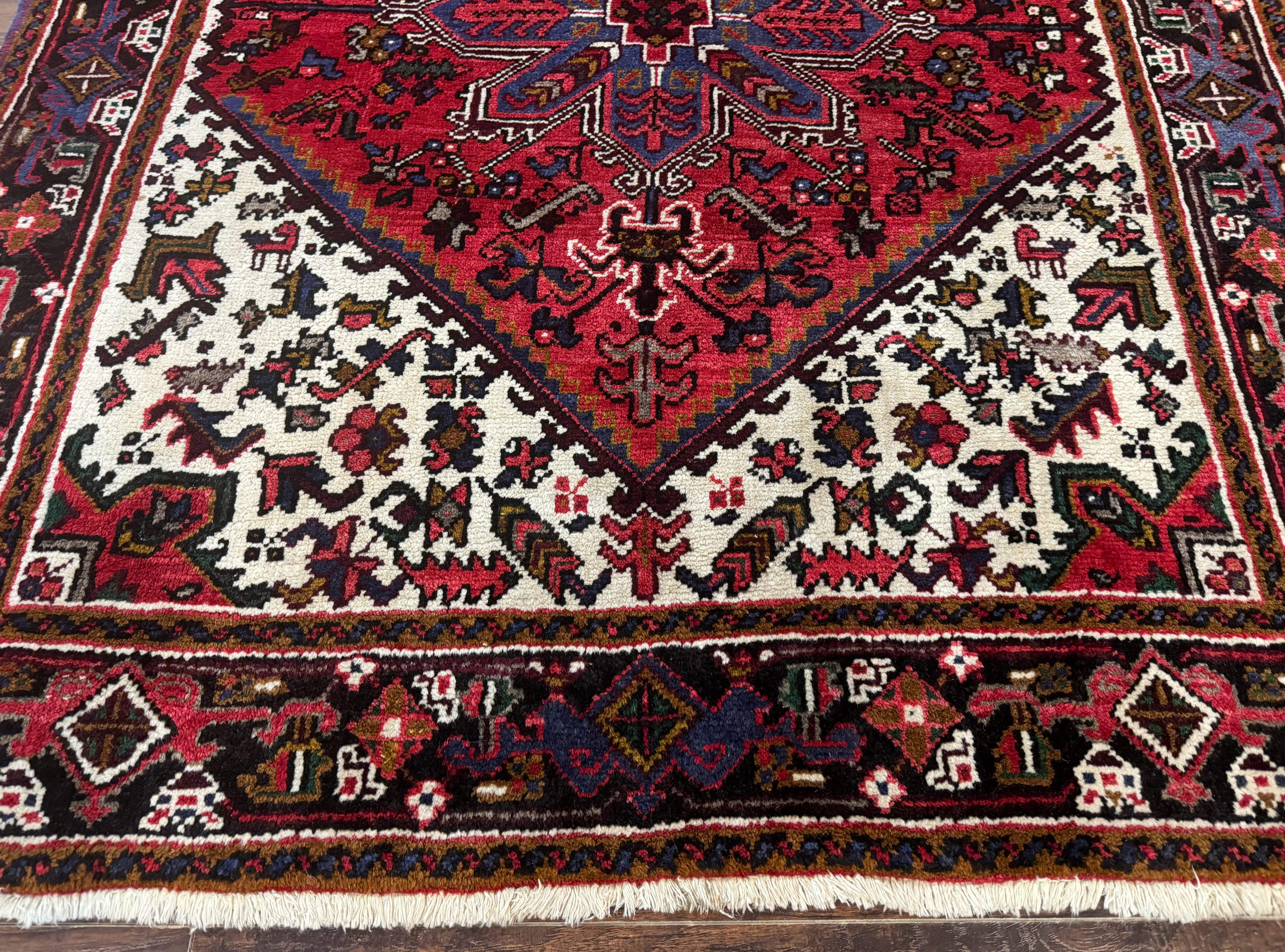 Persian Heriz Rug 5x6 – Red and Ivory, Hand-Knotted Wool, Vintage Geometric Carpet - Jewel Rugs