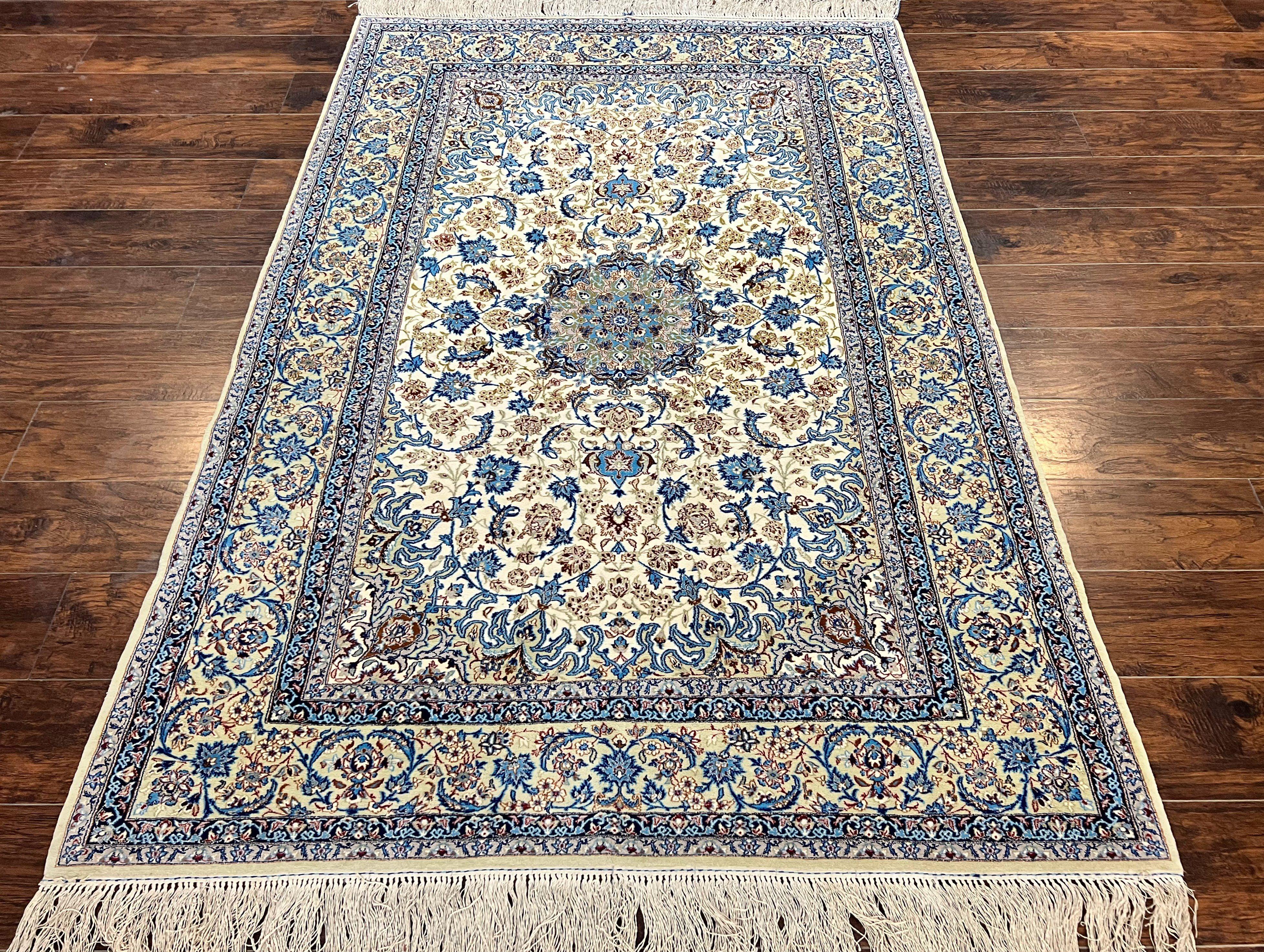 Persian Isfahan Rug 5x8, Kork Wool on Silk Foundation, 440 KPSI, Handmade Vintage Carpet, Floral Medallion Oriental Rug, Ivory & Blue, Very Fine - Jewel Rugs