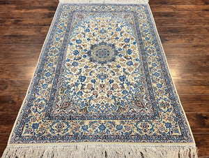 Persian Isfahan Rug 5x8, Kork Wool on Silk Foundation, 440 KPSI, Handmade Vintage Carpet, Floral Medallion Oriental Rug, Ivory & Blue, Very Fine