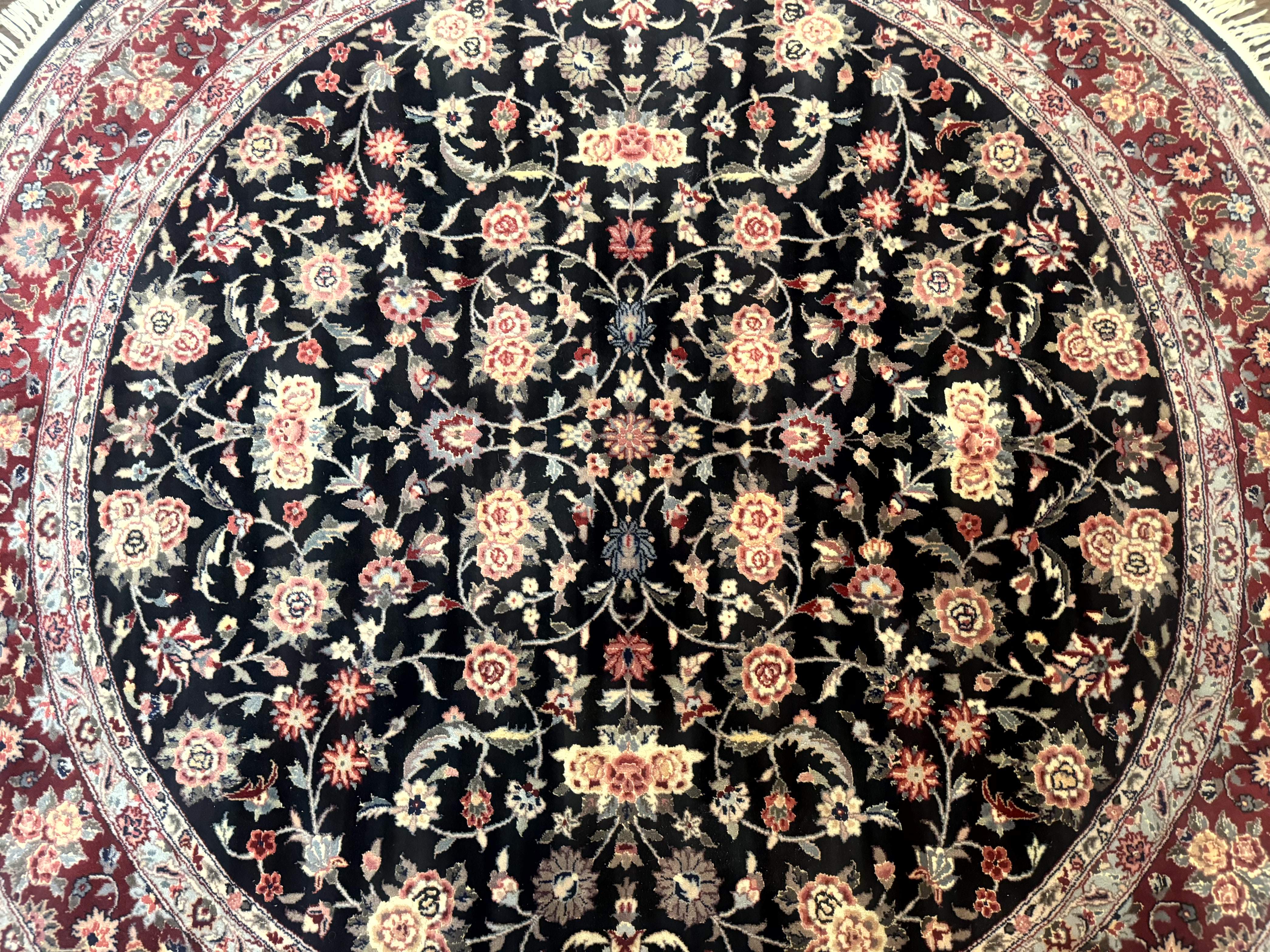 Round Sino Persian Rug 6x6, Floral, Navy Blue and Red, Wool and Silk Highlights - Jewel Rugs