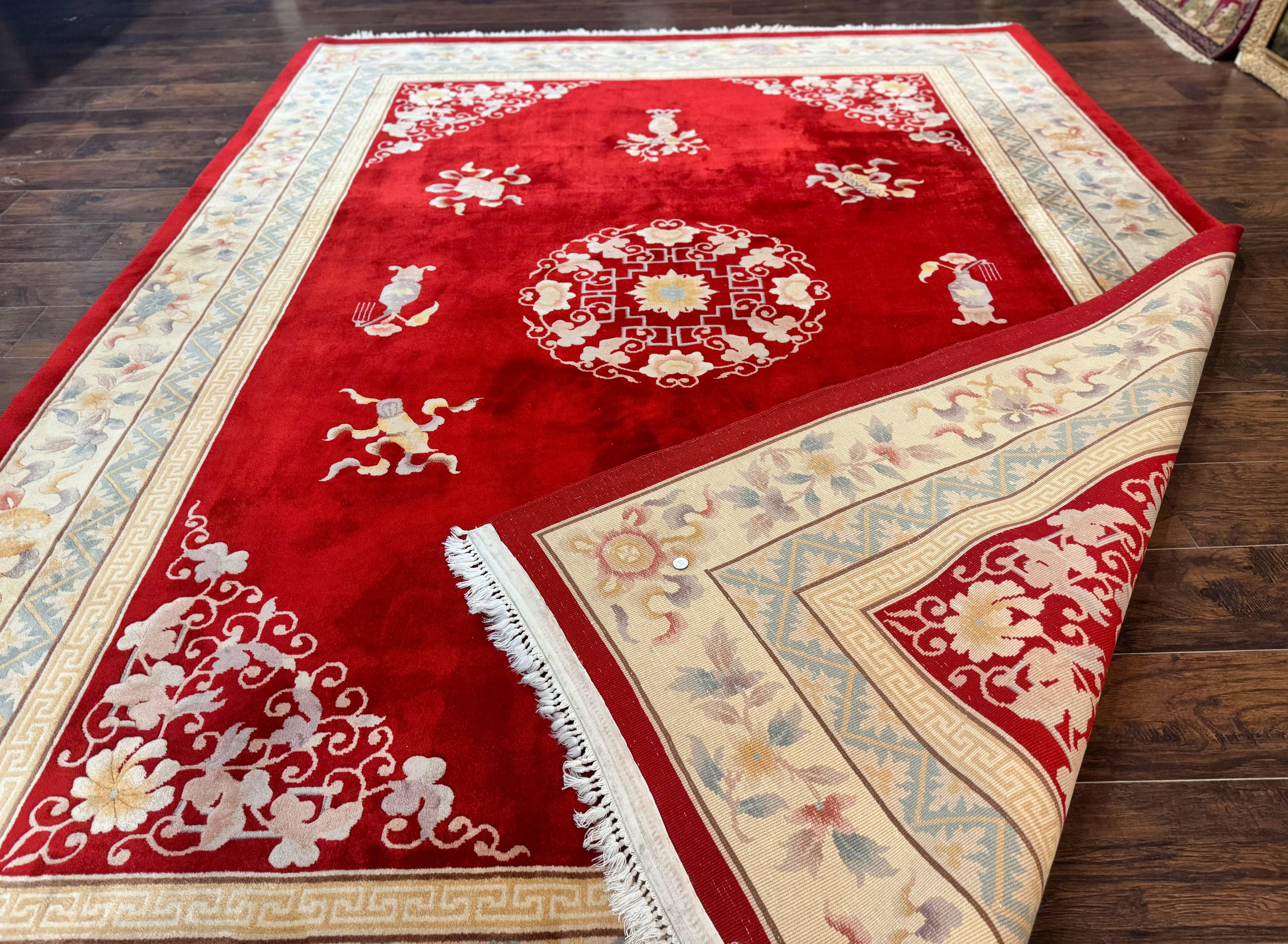 Chinese Wool Rug 8.6 x 11, Red and Beige Asian Oriental Carpet, Plush Pile, Vintage Handmade Chinese Carving Sculpted Rug, Semi Open Field - Jewel Rugs