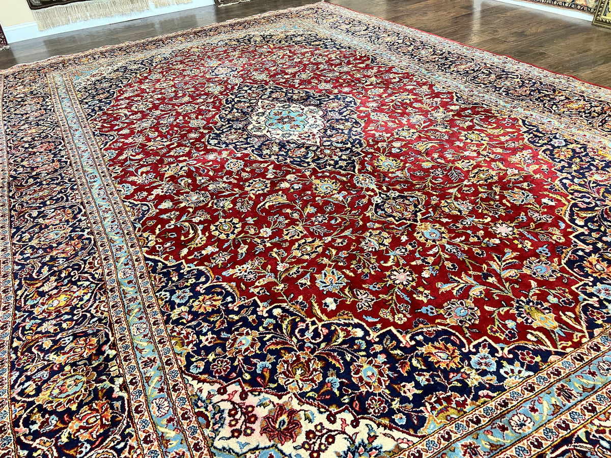 Persian Kashan Rug 10x14, Wool Hand Knotted Vintage Carpet, Red & Navy
