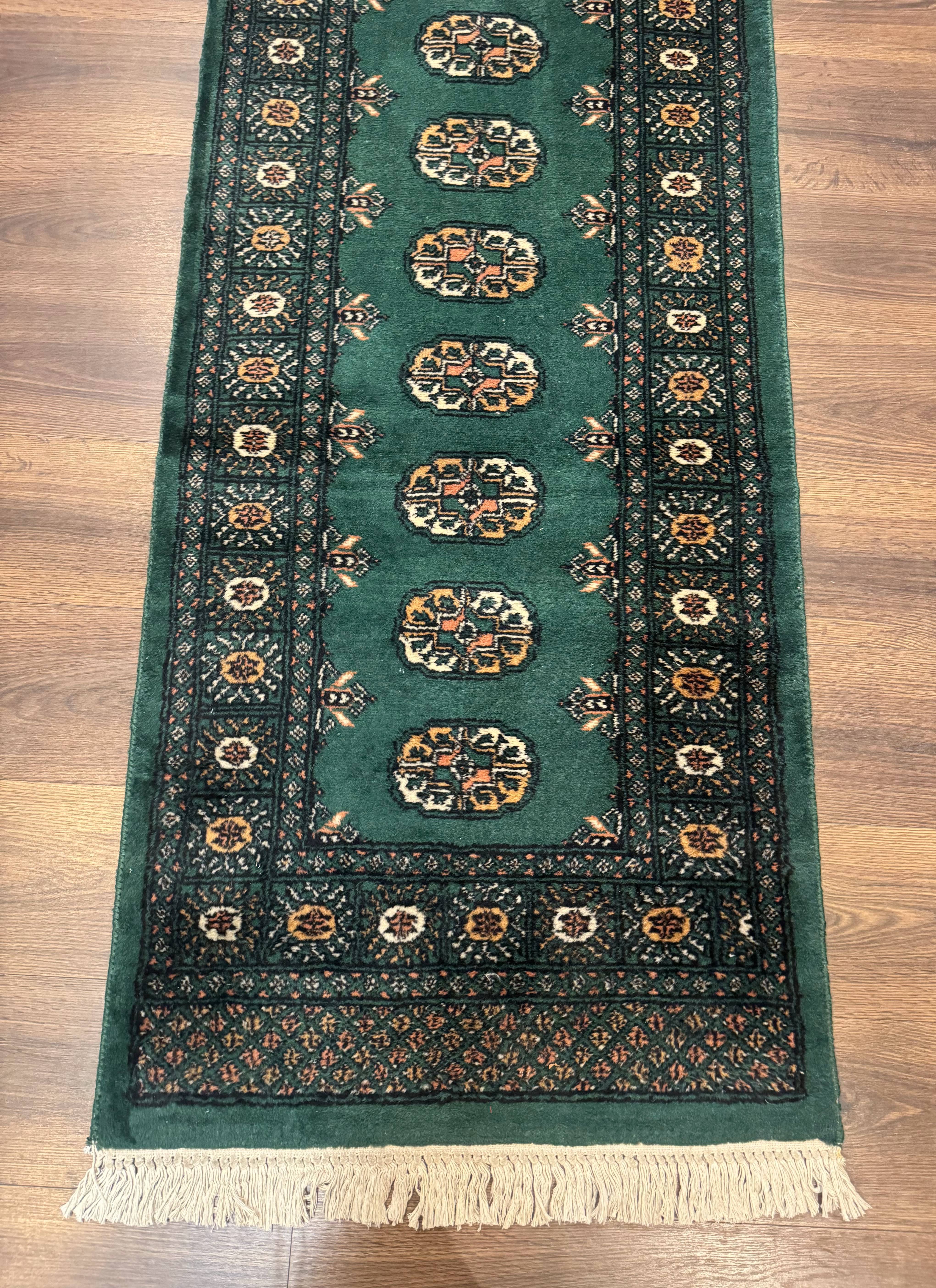 Pakistani Bokhara Runner Rug 2.5 x 11, Green Turkoman Wool Runner for Hallway - Jewel Rugs