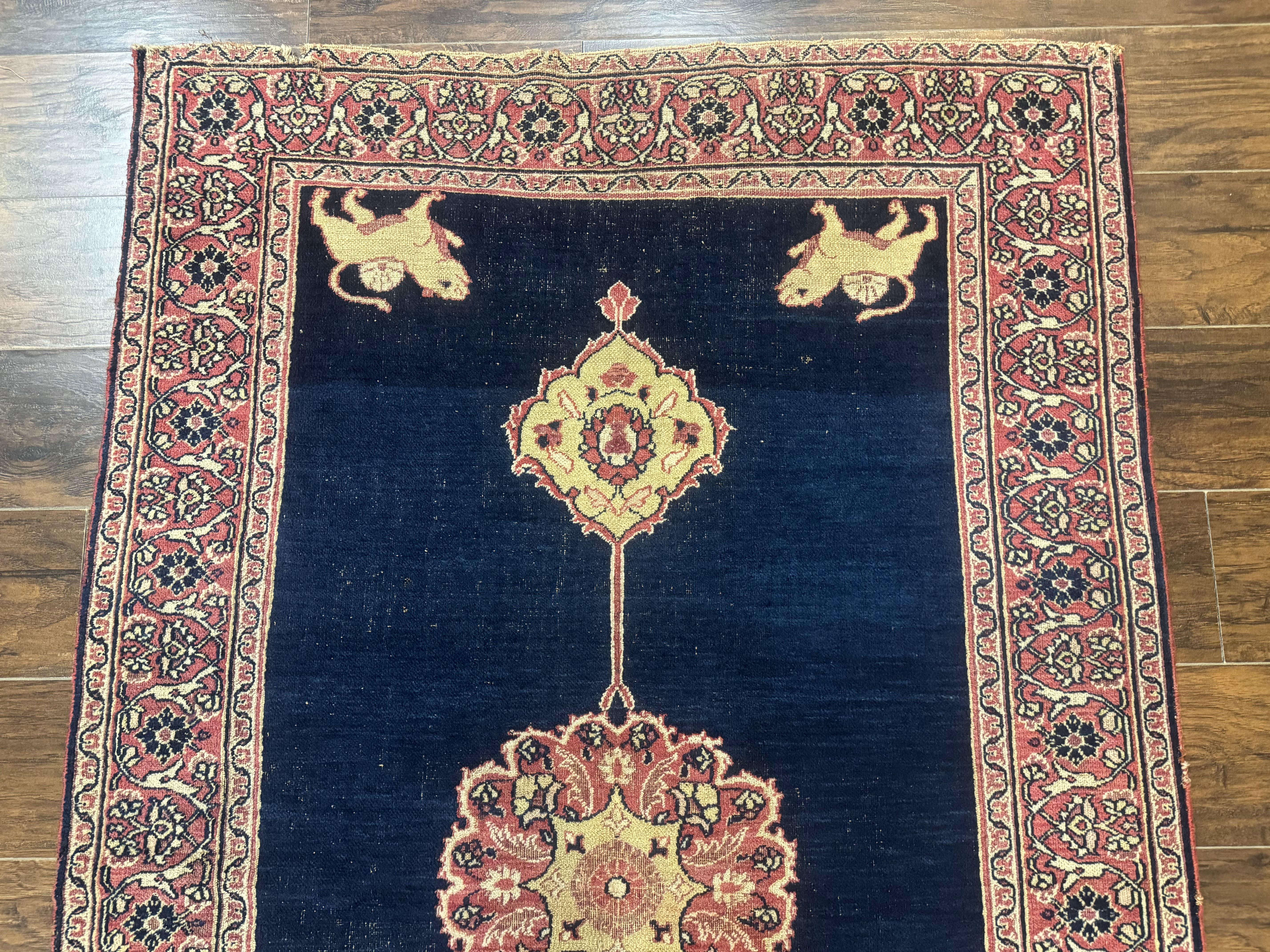 Antique Persian Mashad Rug 4x6, Semi Open Field, Navy Blue, Lion Pictorials, Triple Medallion, Dorokhsh Rug - Jewel Rugs