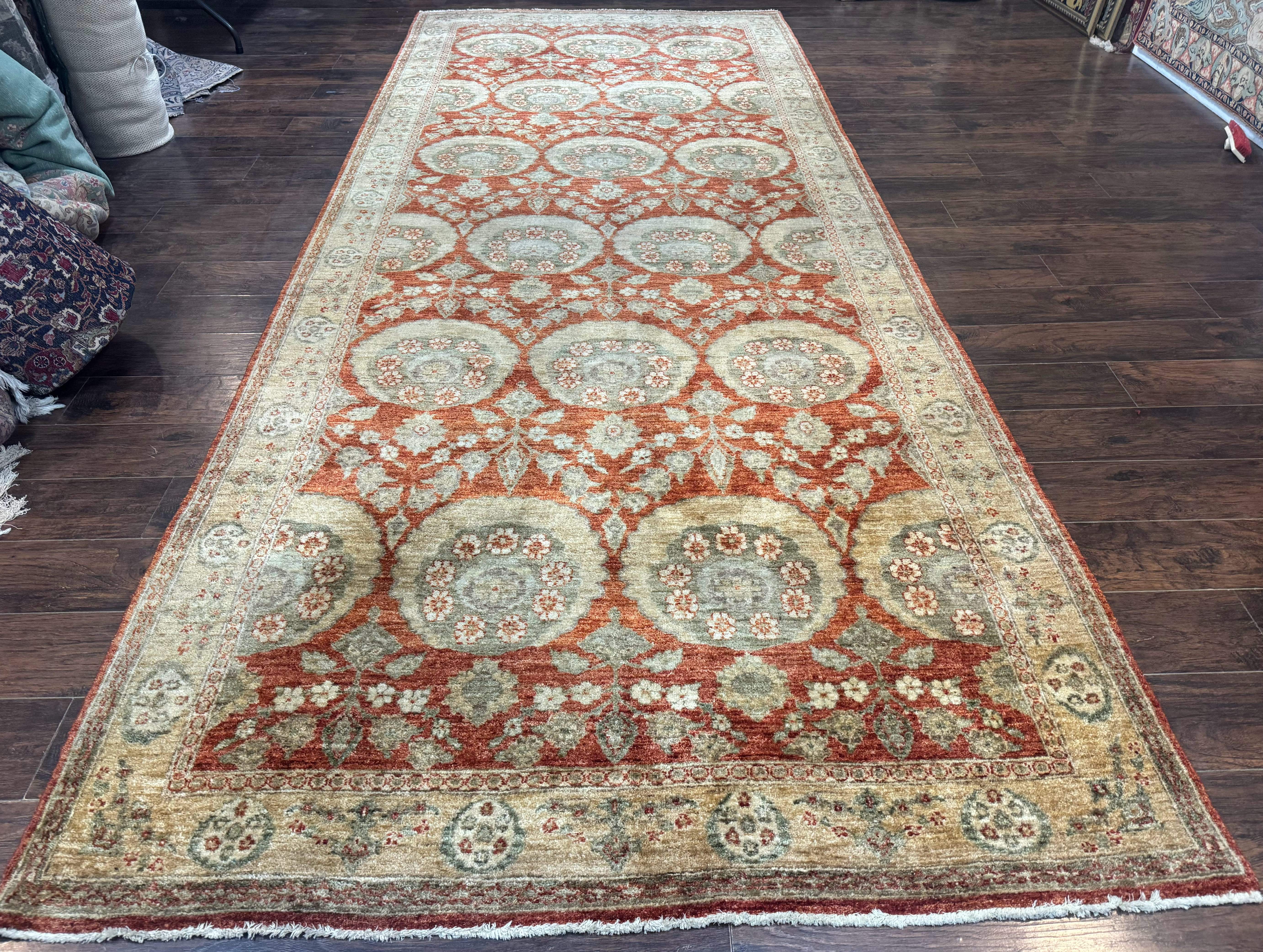 Pakistani Peshawar Wide Runner Rug 6x15 ft, Light Rust Red & Gold, Hand-Knotted Wool Chobi Carpet - Jewel Rugs