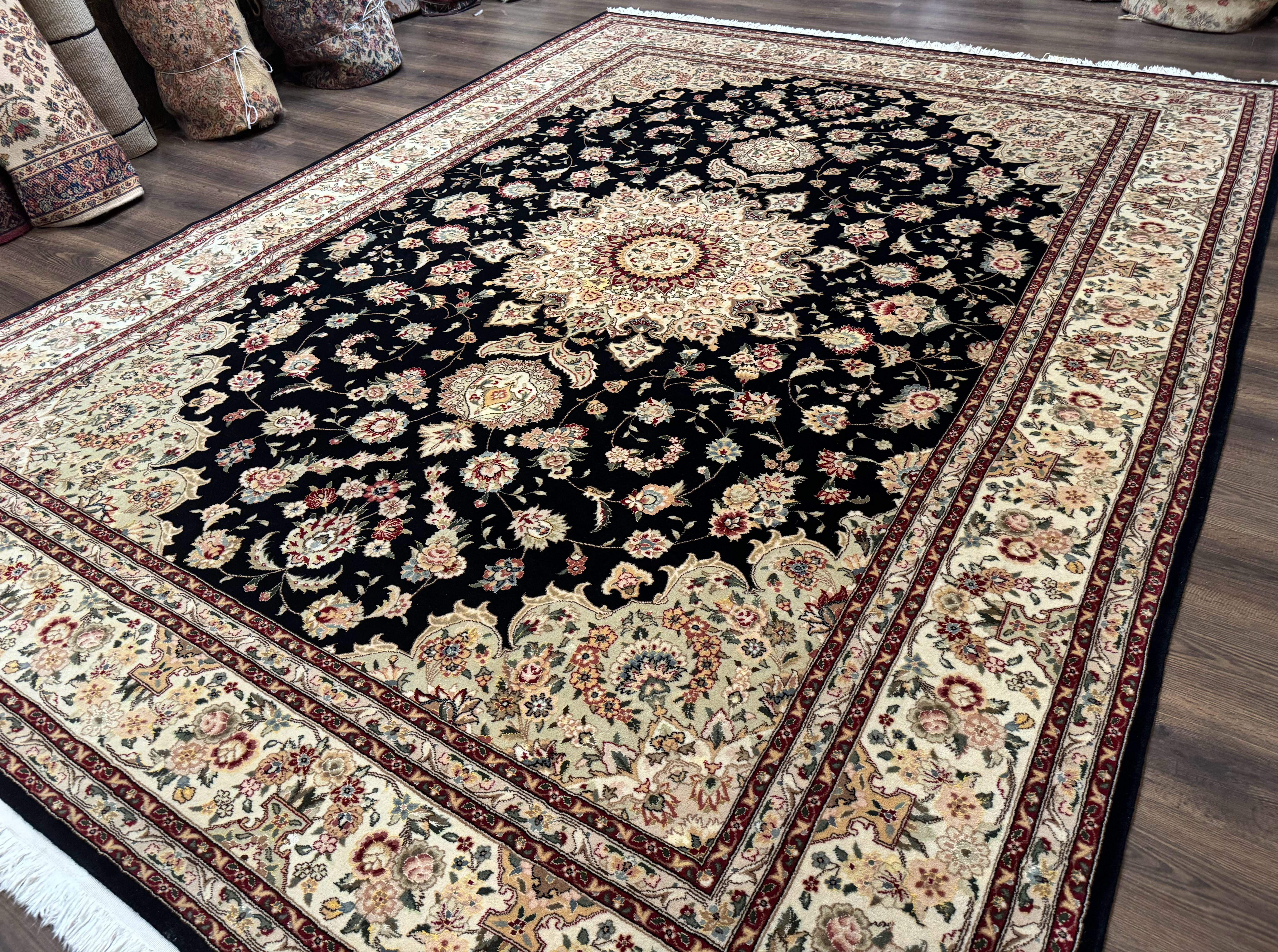Sino Persian Rug 9x12, Black and Beige, Floral Medallion, Wool & Silk, Handmade - Jewel Rugs