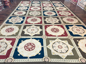 Needlepoint Rug 11x19, Oversized Wool Hand Woven Vintage Carpet, Panel Design, Palace Size Handmade Flatweave Rug, Extra Large, Multicolor