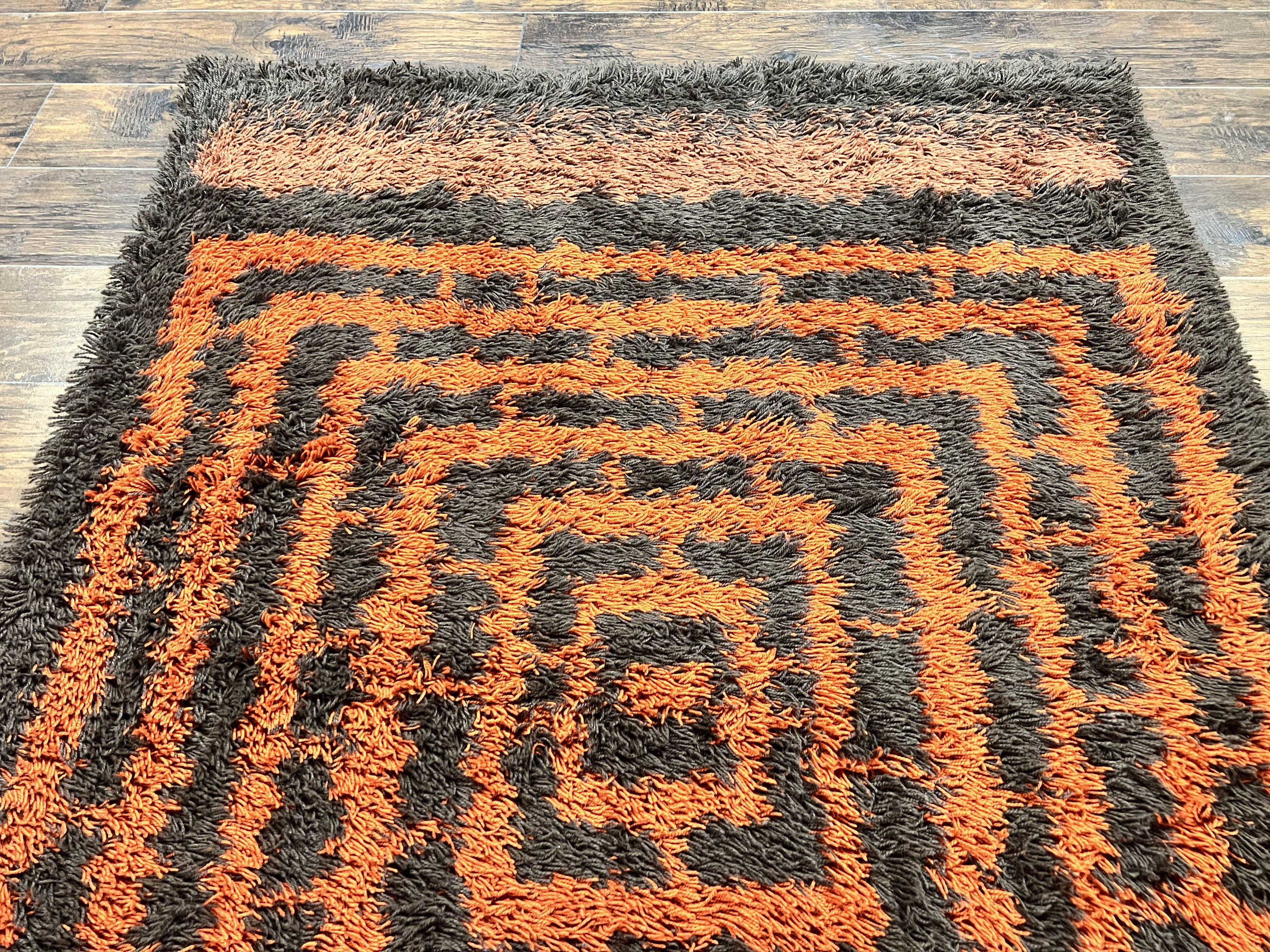 Vintage Rya Shag Rug 4.6 x 6.6, Abstract Design, Brown and Orange, Mid Century Danish Rya Carpet - Jewel Rugs
