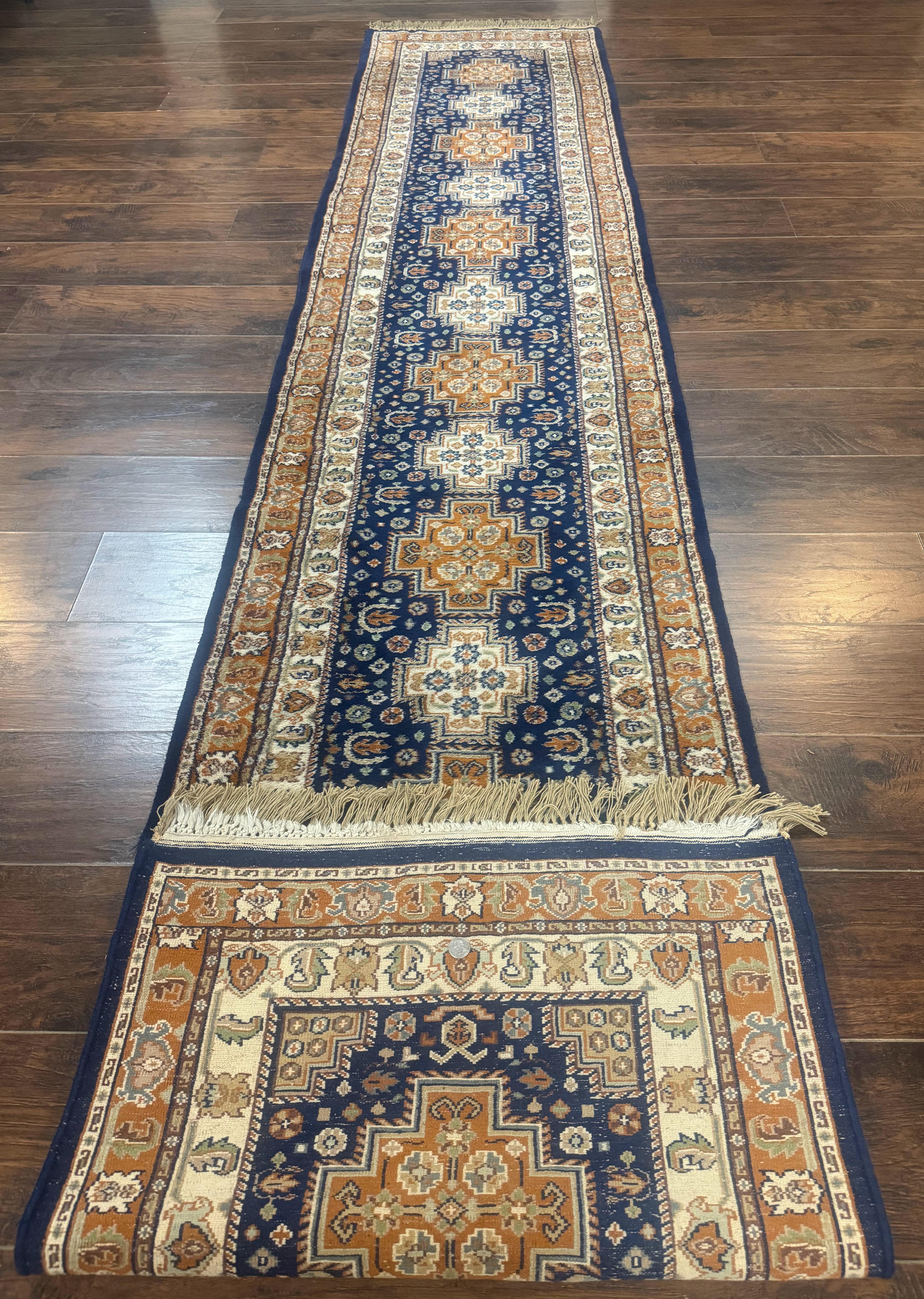 Indo Persian Runner Rug 2.6 x 12.7, Indian Kashmiri Runner for Hallway or Kitchen, Navy Blue, Geometric Medallions, Handmade Wool - Jewel Rugs