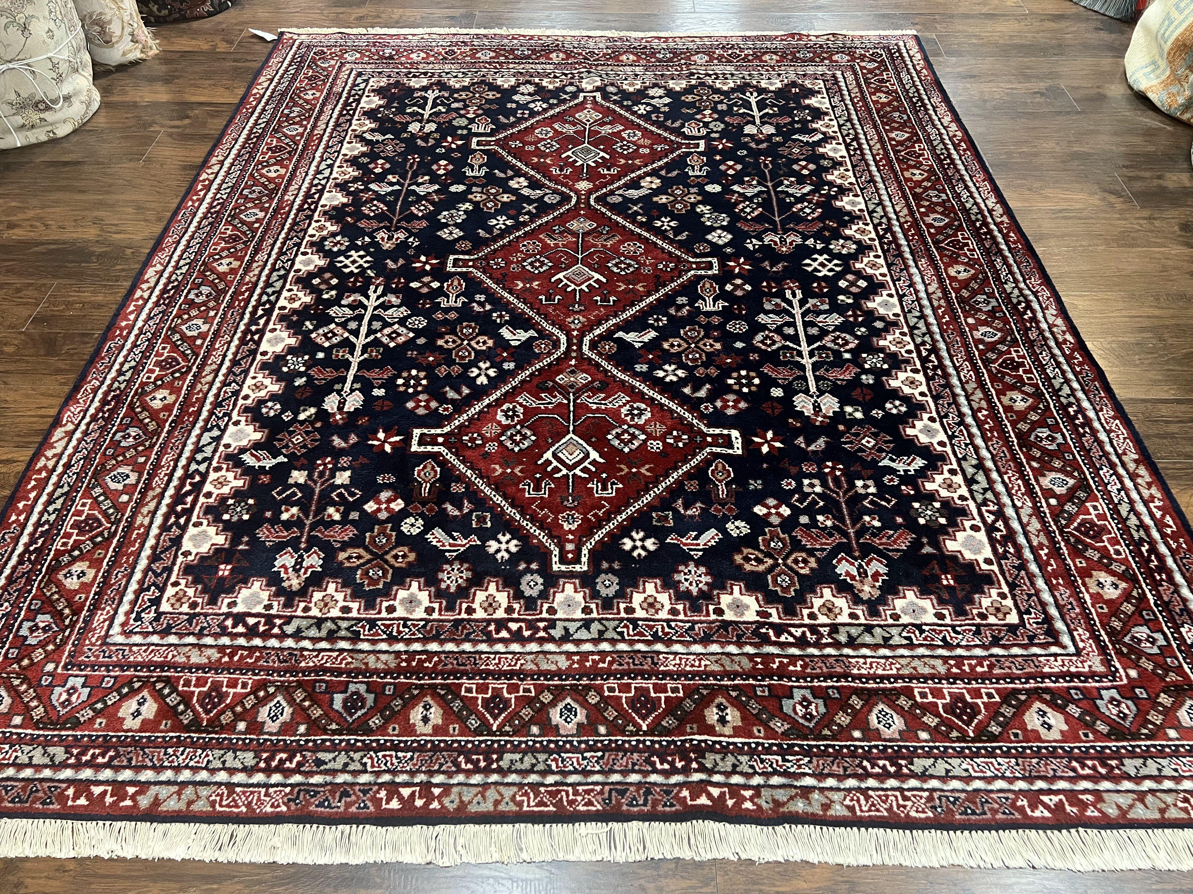 Persian Shiraz Tribal Rug 8x9, Geometric Medallions, Navy Blue and Red, Hand Knotted Handmade Semi Antique Wool Carpet - Jewel Rugs