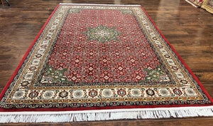 Persian Tabriz Rug 7x10, Wool Hand Knotted Vintage Carpet, Red Green & Cream, Herati Pattern, 7 x 10 Room Sized Oriental Rug