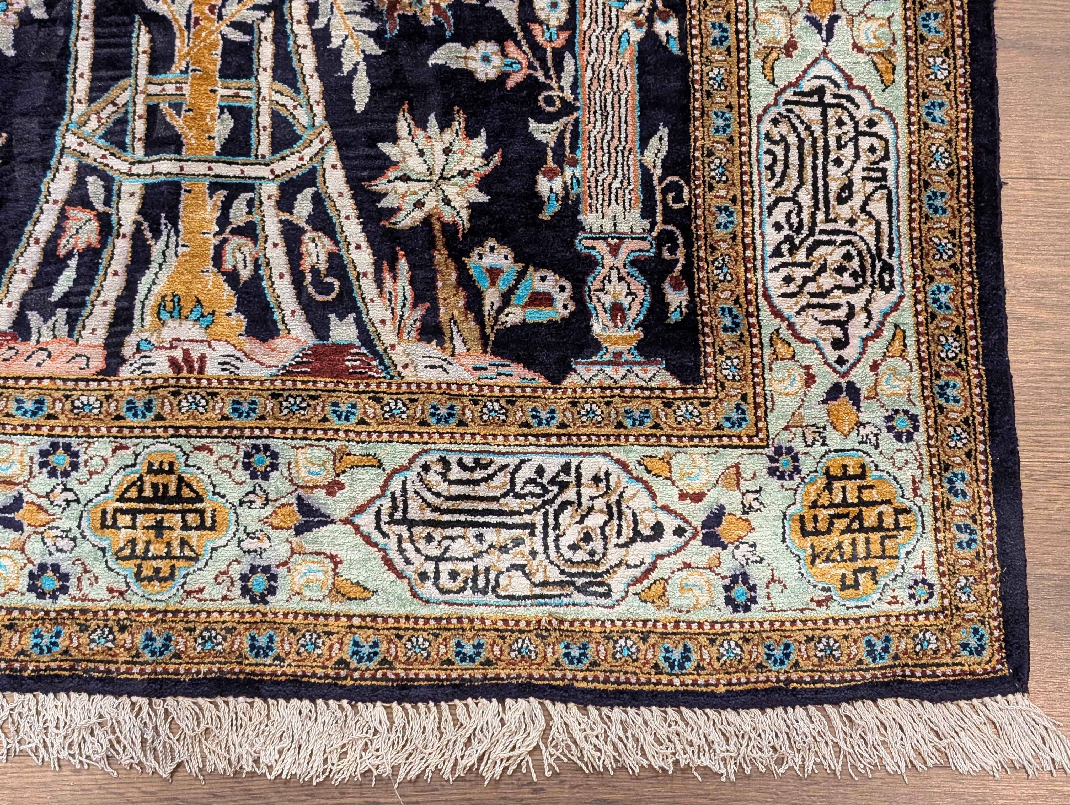 Wonderful Silk Persian Rug 4x5, Tree of Life Carpet, Qum Rug, Prayer Rug, Bird Pictorials - Jewel Rugs