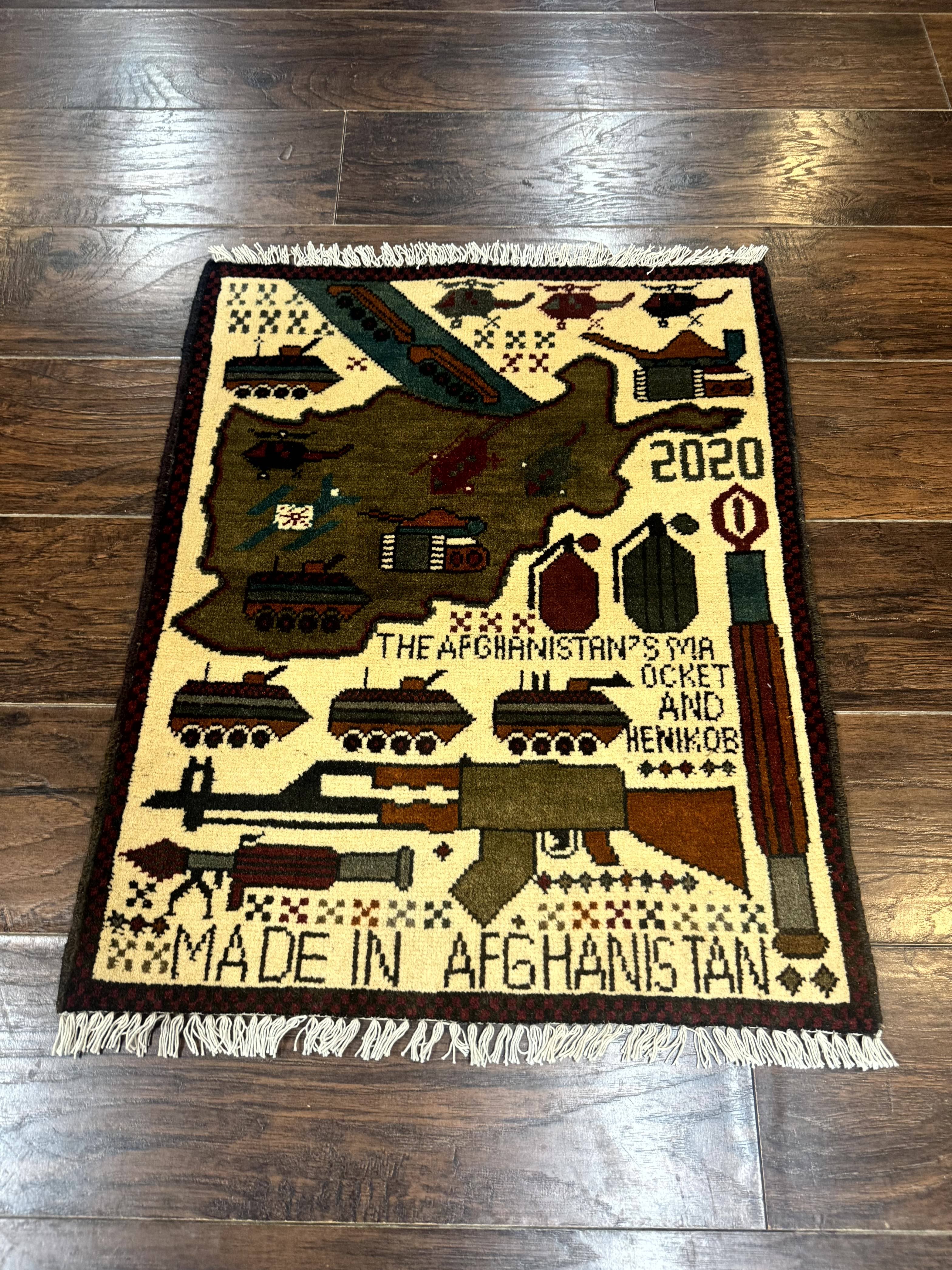 Afghan War Rug, Helicopters Tanks Guns, Handmade, Wool, 2x3 - Jewel Rugs