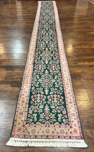 Indo Persian Long Runner Rug 3 x 19.6, Dark Green and Cream, Hand Knotted Runner for Hallway, Floral Wool Traditional Rug, Vintage