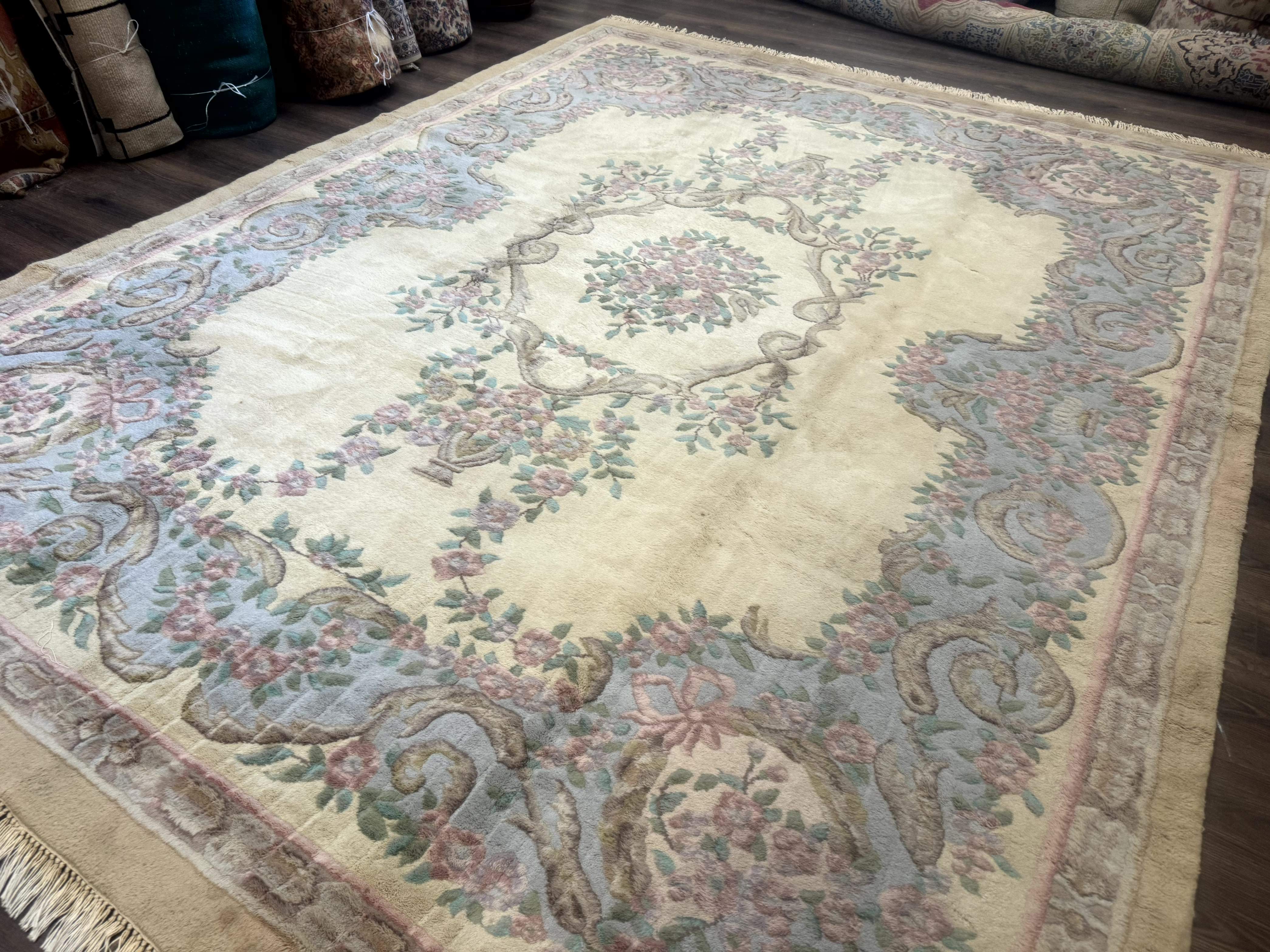Indo Chinese Aubusson Rug 9x12, Cream and Light Blue, Soft Thick Wool Pile - Jewel Rugs